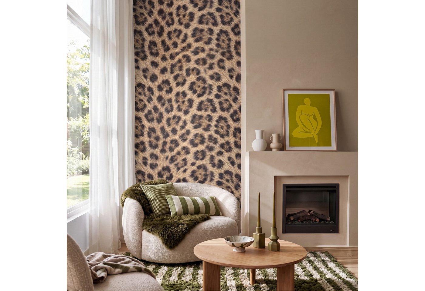 OnlyWow Fototapete Leopard - Mantel - Klassisch - Braun, Matt, bedruckt, Wandtapete, Schlafzimmer, Wanddekoration 100x220cm Bild 4