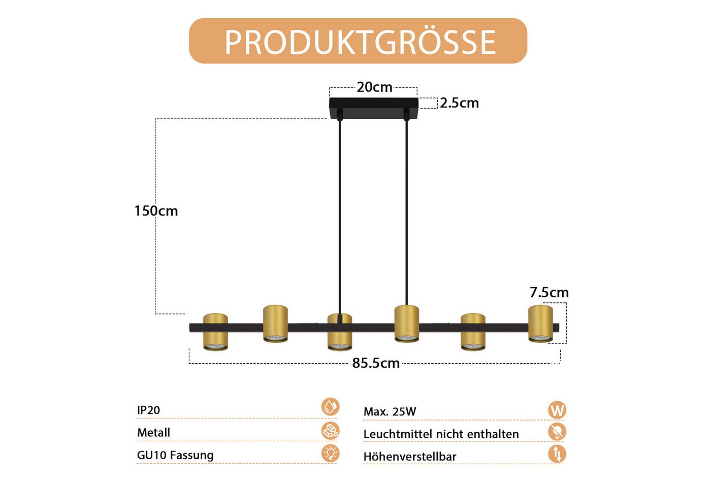 Nettlife Pendelleuchte 6 Flammig Esstisch Hängelampe Schwarz Gold GU10 Metall Industrial, ohne Leuchtmittel, für Wohnzimmer Esszimmer
