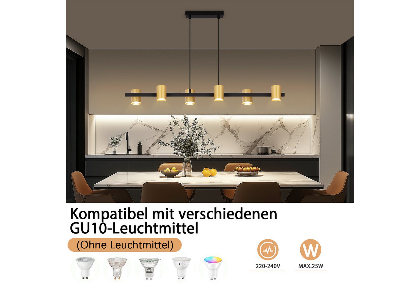 Nettlife Pendelleuchte 6 Flammig Esstisch Hängelampe Schwarz Gold GU10 Metall Industrial, ohne Leuchtmittel, für Wohnzimmer Esszimmer Bild 3