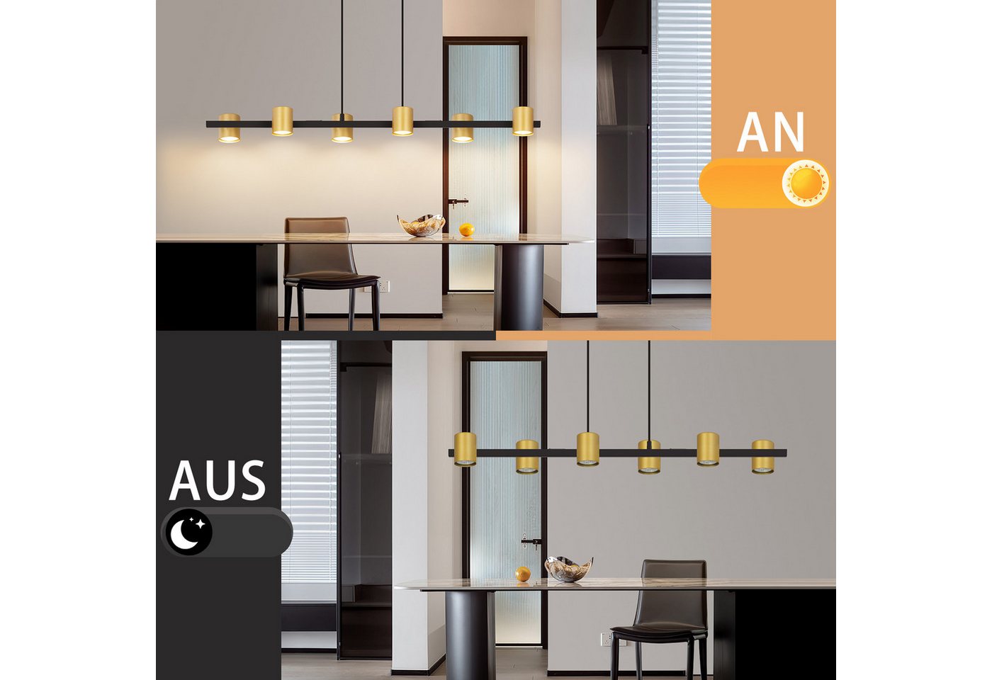 Nettlife Pendelleuchte 6 Flammig Esstisch Hängelampe Schwarz Gold GU10 Metall Industrial, ohne Leuchtmittel, für Wohnzimmer Esszimmer Bild 5