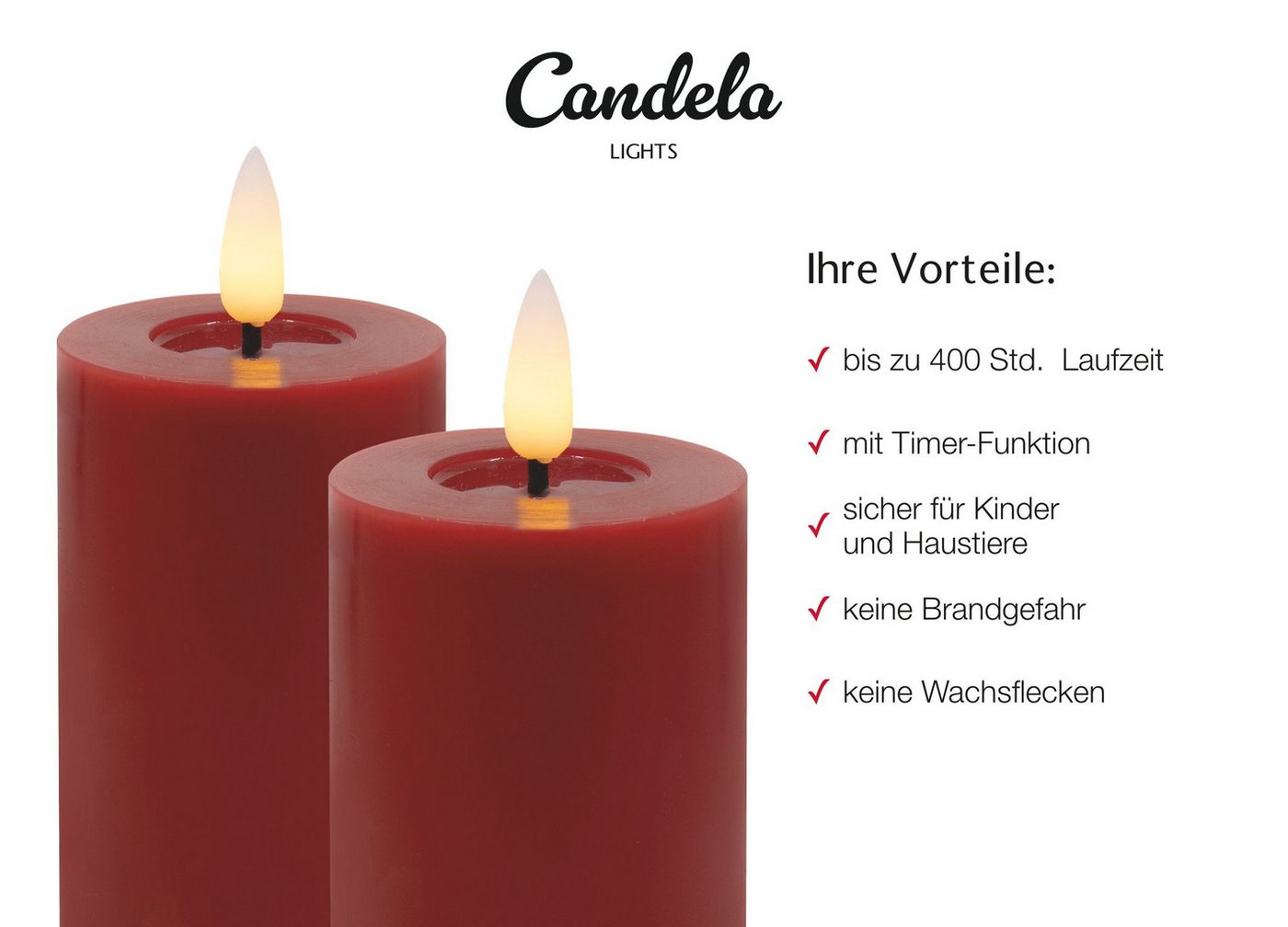LC Home LED-Kerze Candela LED Kerzen 4er Set H:10x?5cm Winter rot glatt Echtwachs mit