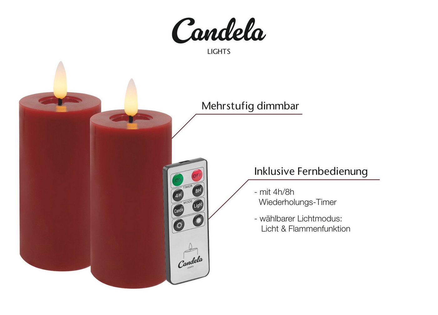 LC Home LED-Kerze Candela LED Kerzen 4er Set H:10x?5cm Winter rot glatt Echtwachs mit Bild 2