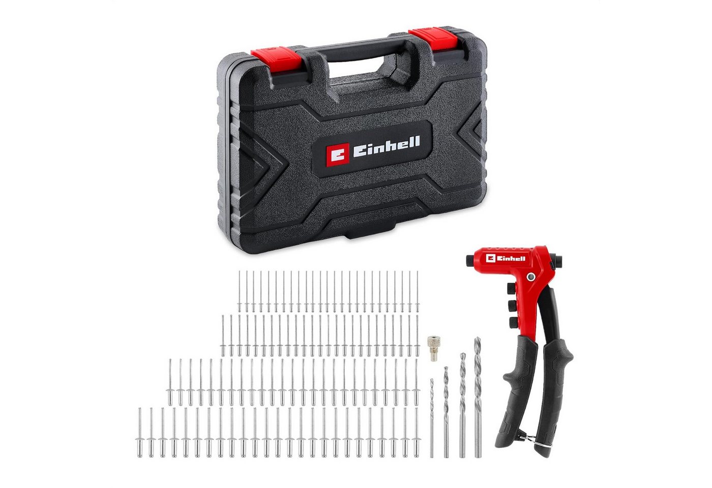 Einhell Kombizange, 111-tlg., Blindnietzangen-Set (100 Blindnieten, 4 Mundstücke, Metallbohrer, werk