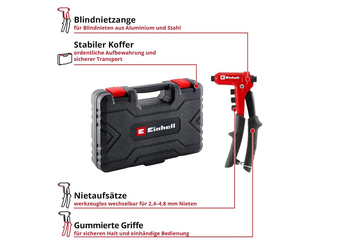 Einhell Kombizange, 111-tlg., Blindnietzangen-Set (100 Blindnieten, 4 Mundstücke, Metallbohrer, werk Bild 5