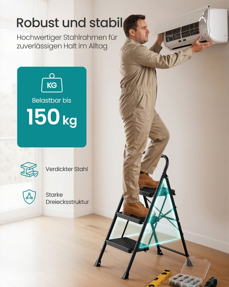 SONGMICS Trittleiter Klapptritt Klappbar, 2 Rutschfeste Stufen, bis 150 kg Belastbar, 114 x 45,5 x 7,5 cm, Haushaltsleiter Bild 4
