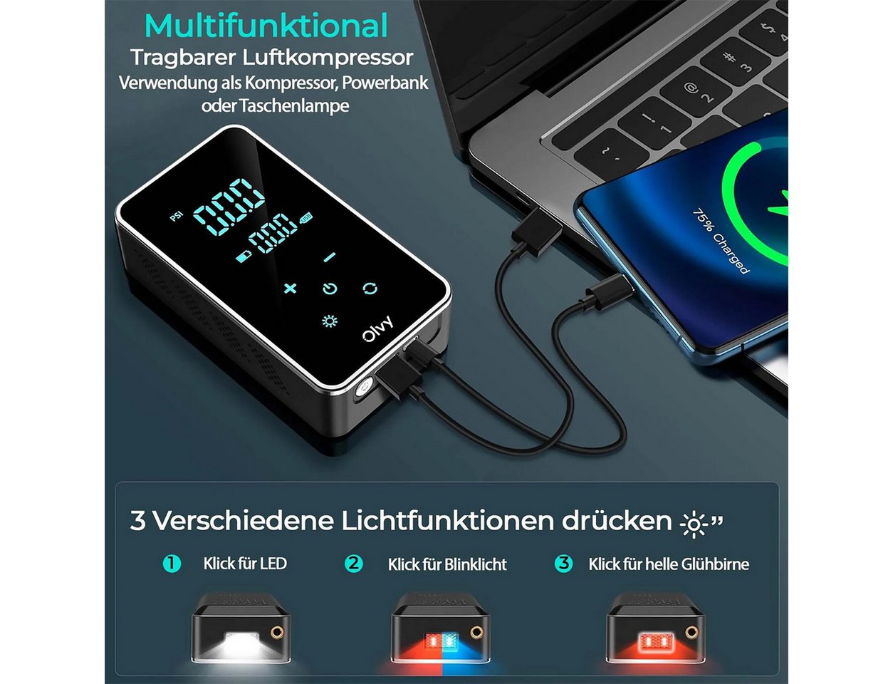 Olvy Kompressor Olvy Luftkompressor, Mini Reifenpumpe 7000mAh Bild 3