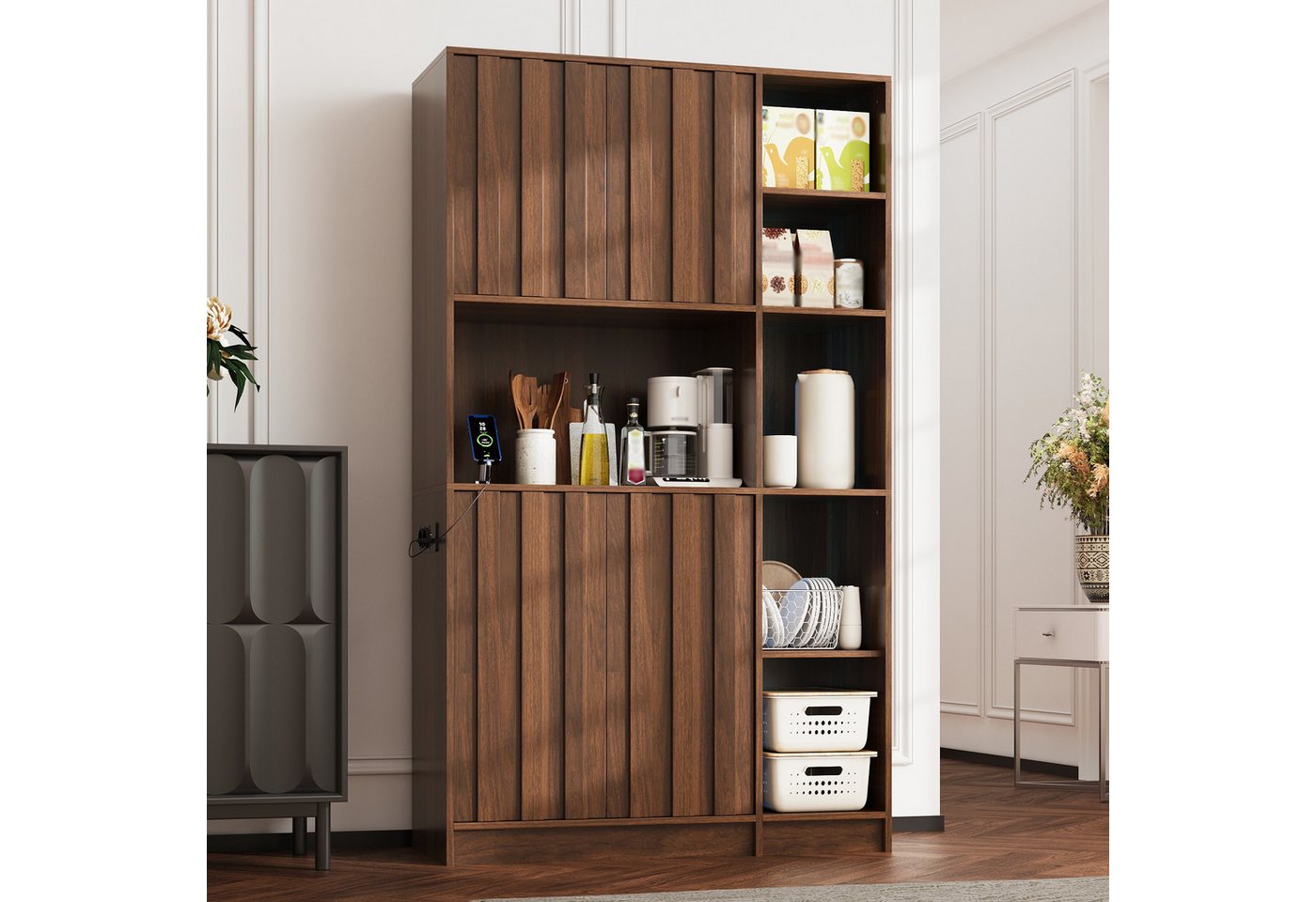 Flieks Küchenbuffet multifunktionaler Hochschrank mit Steckdosen, LED-Beleuchtung (B105/T40/H180 cm, 1-St) Mehrzweckschrank Küchenschrank Bücherregal Wohnzimmer Walnussholzfarbe