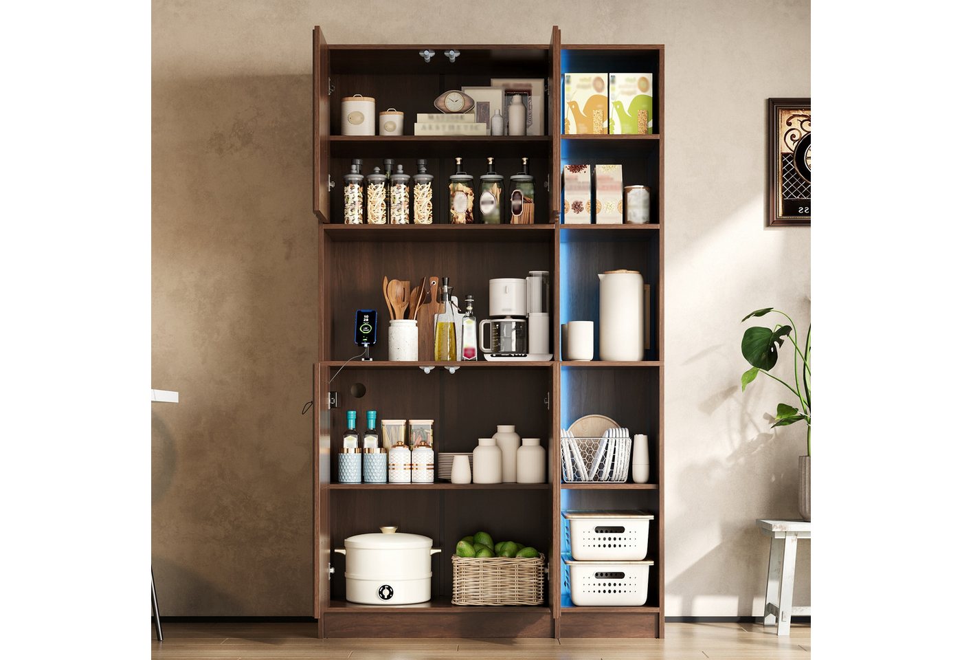 Flieks Küchenbuffet multifunktionaler Hochschrank mit Steckdosen, LED-Beleuchtung (B105/T40/H180 cm, 1-St) Mehrzweckschrank Küchenschrank Bücherregal Wohnzimmer Walnussholzfarbe Bild 2