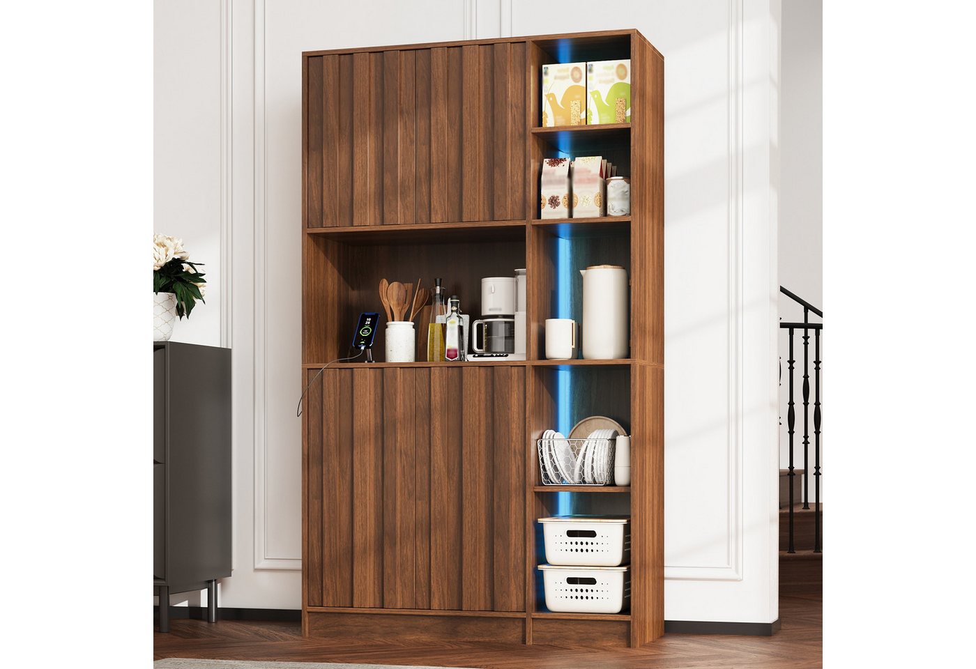 Flieks Küchenbuffet multifunktionaler Hochschrank mit Steckdosen, LED-Beleuchtung (B105/T40/H180 cm, 1-St) Mehrzweckschrank Küchenschrank Bücherregal Wohnzimmer Walnussholzfarbe Bild 3