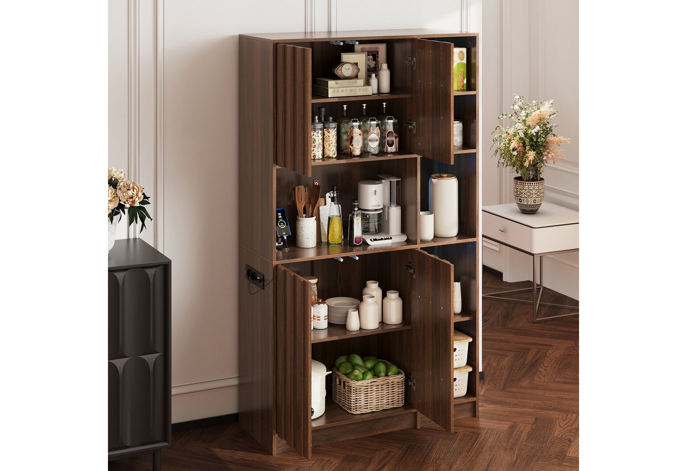 Flieks Küchenbuffet multifunktionaler Hochschrank mit Steckdosen, LED-Beleuchtung (B105/T40/H180 cm, 1-St) Mehrzweckschrank Küchenschrank Bücherregal Wohnzimmer Walnussholzfarbe Bild 4