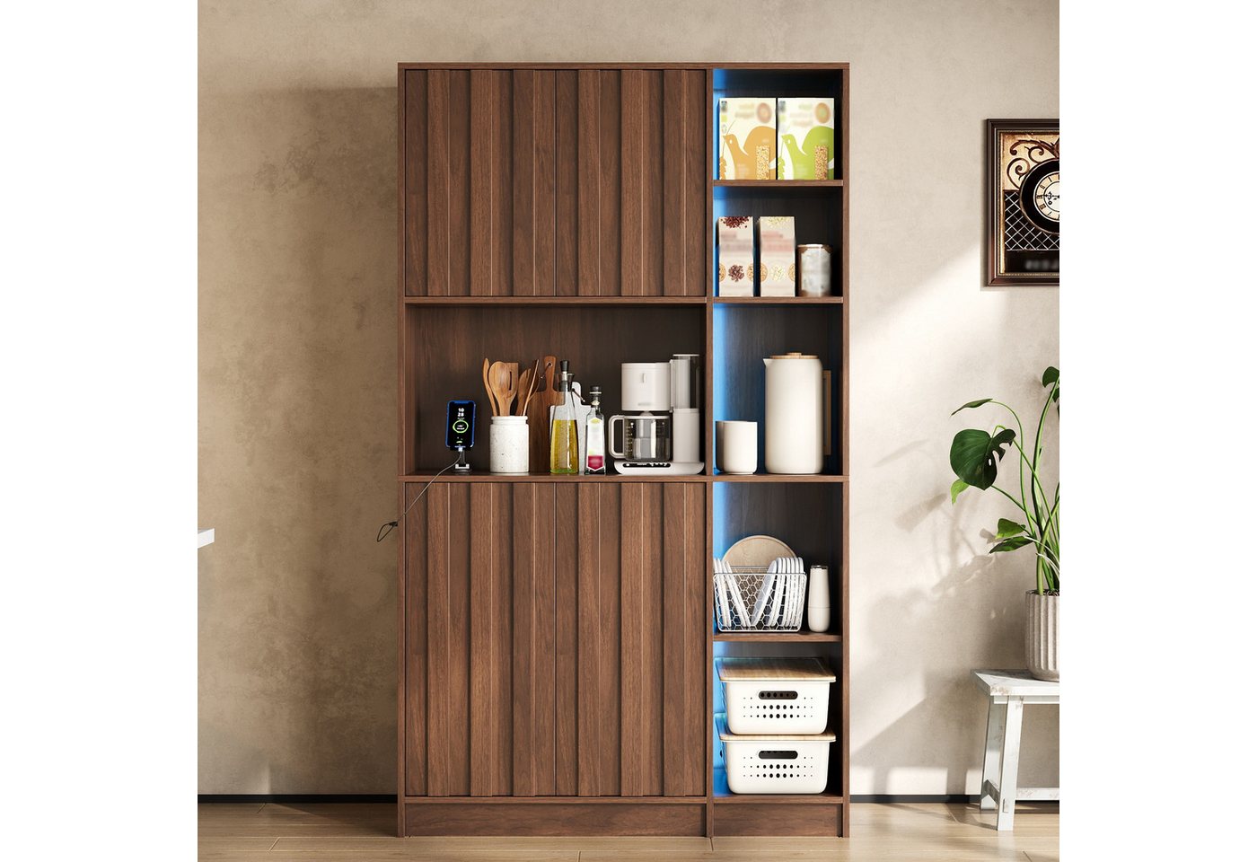 Flieks Küchenbuffet multifunktionaler Hochschrank mit Steckdosen, LED-Beleuchtung (B105/T40/H180 cm, 1-St) Mehrzweckschrank Küchenschrank Bücherregal Wohnzimmer Walnussholzfarbe Bild 5