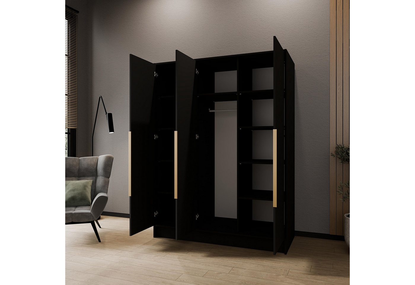 Beautysofa Drehtürenschrank LARO 150 cm mit Spiegel und flexibel anpassbarer Innenaufteilung (Einlegeböden und Kleiderstangen, Griffe Schwarz oder Gold) 3-türiger Kleiderschrank