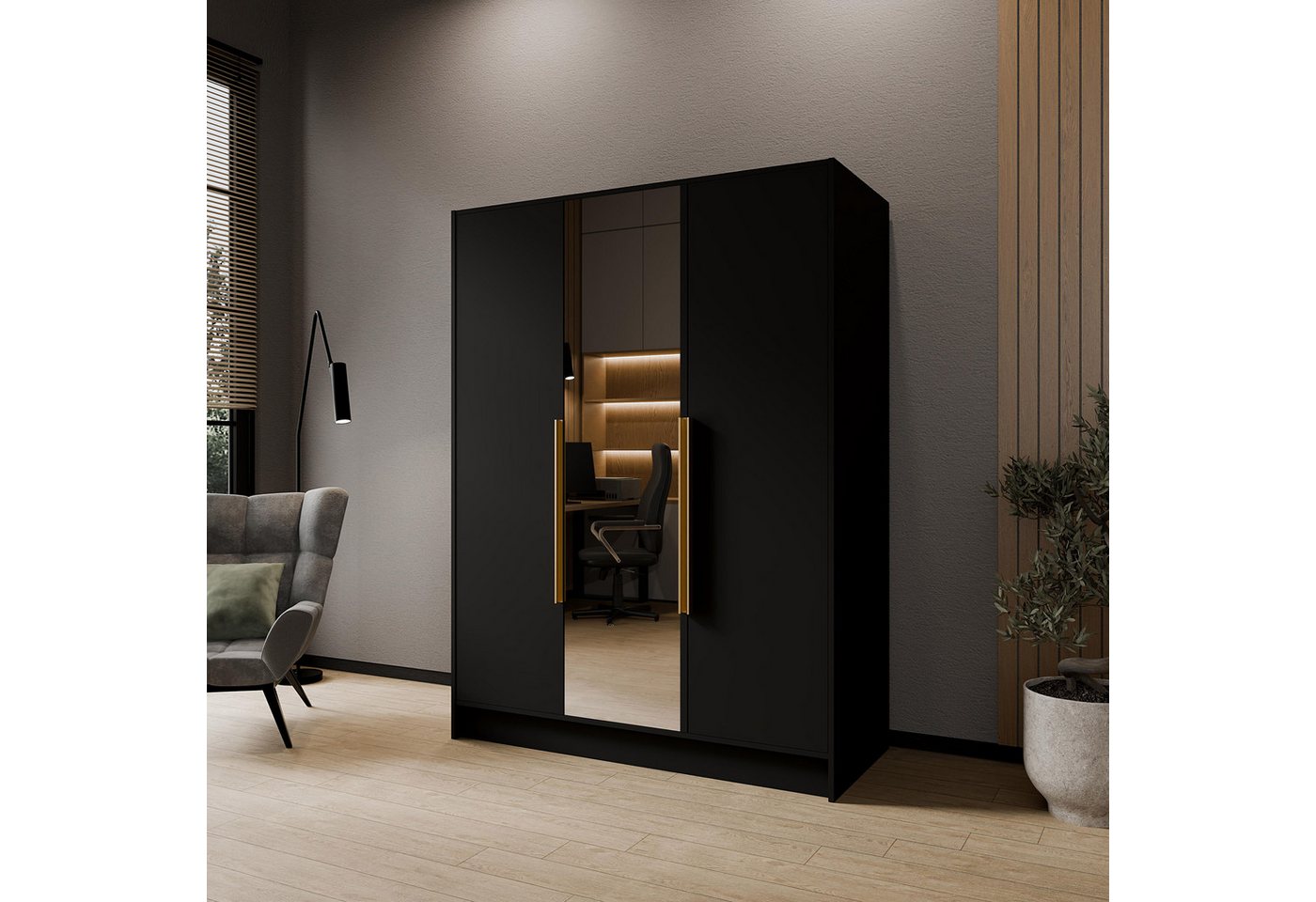 Beautysofa Drehtürenschrank LARO 150 cm mit Spiegel und flexibel anpassbarer Innenaufteilung (Einlegeböden und Kleiderstangen, Griffe Schwarz oder Gold) 3-türiger Kleiderschrank Bild 2