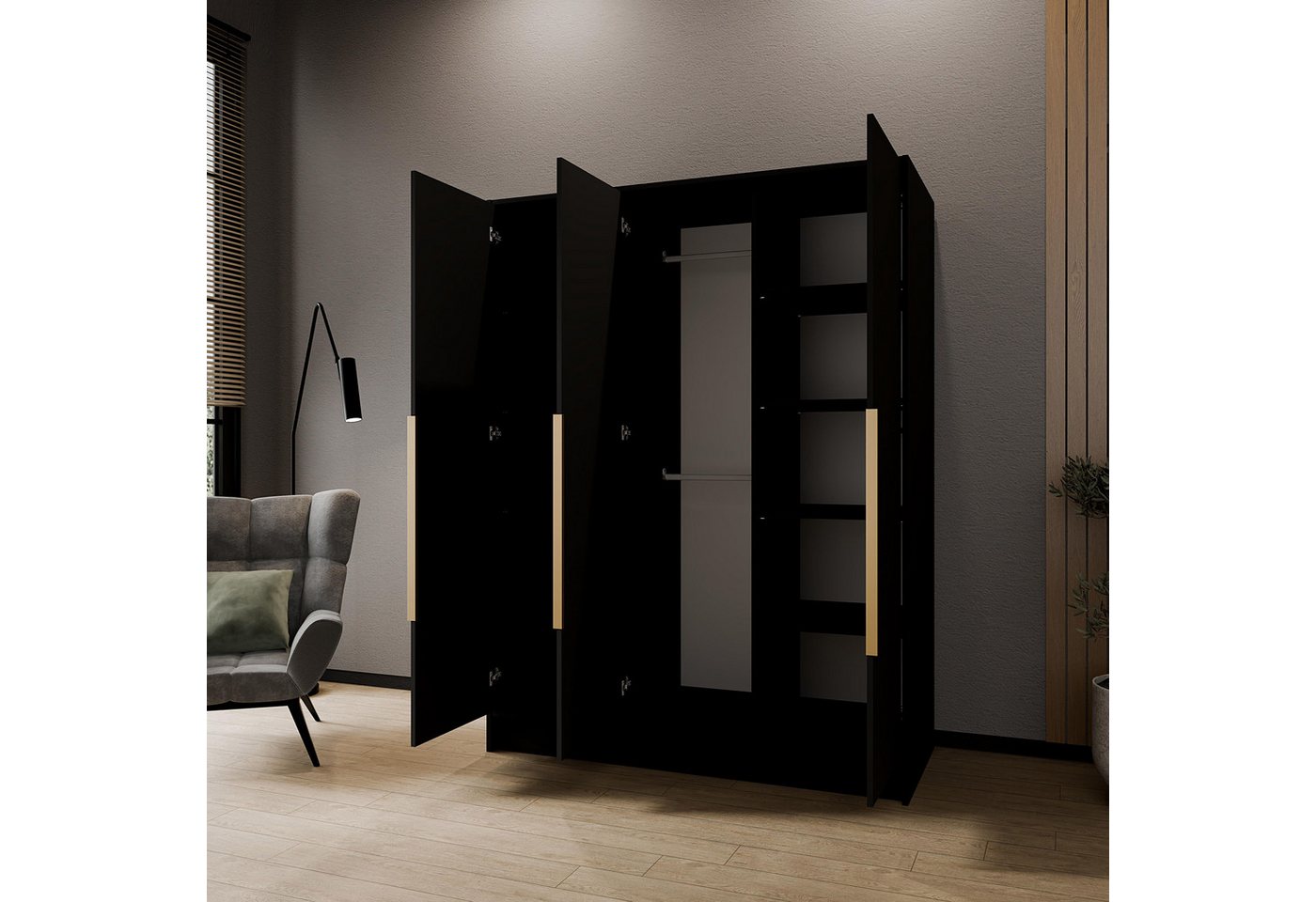 Beautysofa Drehtürenschrank LARO 150 cm mit Spiegel und flexibel anpassbarer Innenaufteilung (Einlegeböden und Kleiderstangen, Griffe Schwarz oder Gold) 3-türiger Kleiderschrank Bild 3