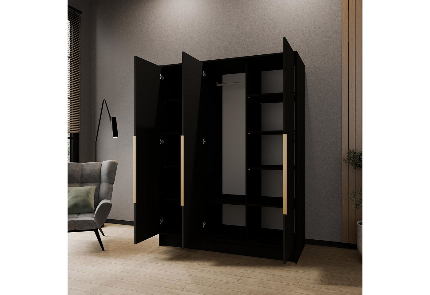 Beautysofa Drehtürenschrank LARO 150 cm mit Spiegel und flexibel anpassbarer Innenaufteilung (Einlegeböden und Kleiderstangen, Griffe Schwarz oder Gold) 3-türiger Kleiderschrank Bild 5