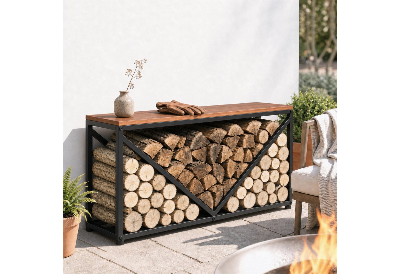 Outsunny Kaminholzregal Kaminholzständer mit Trennwand, BxTxH:98x28x50 cm, (Set, 1-St., Brennholzregal), 2-in-1 Holzregal & Beistelltisch, 50 kg