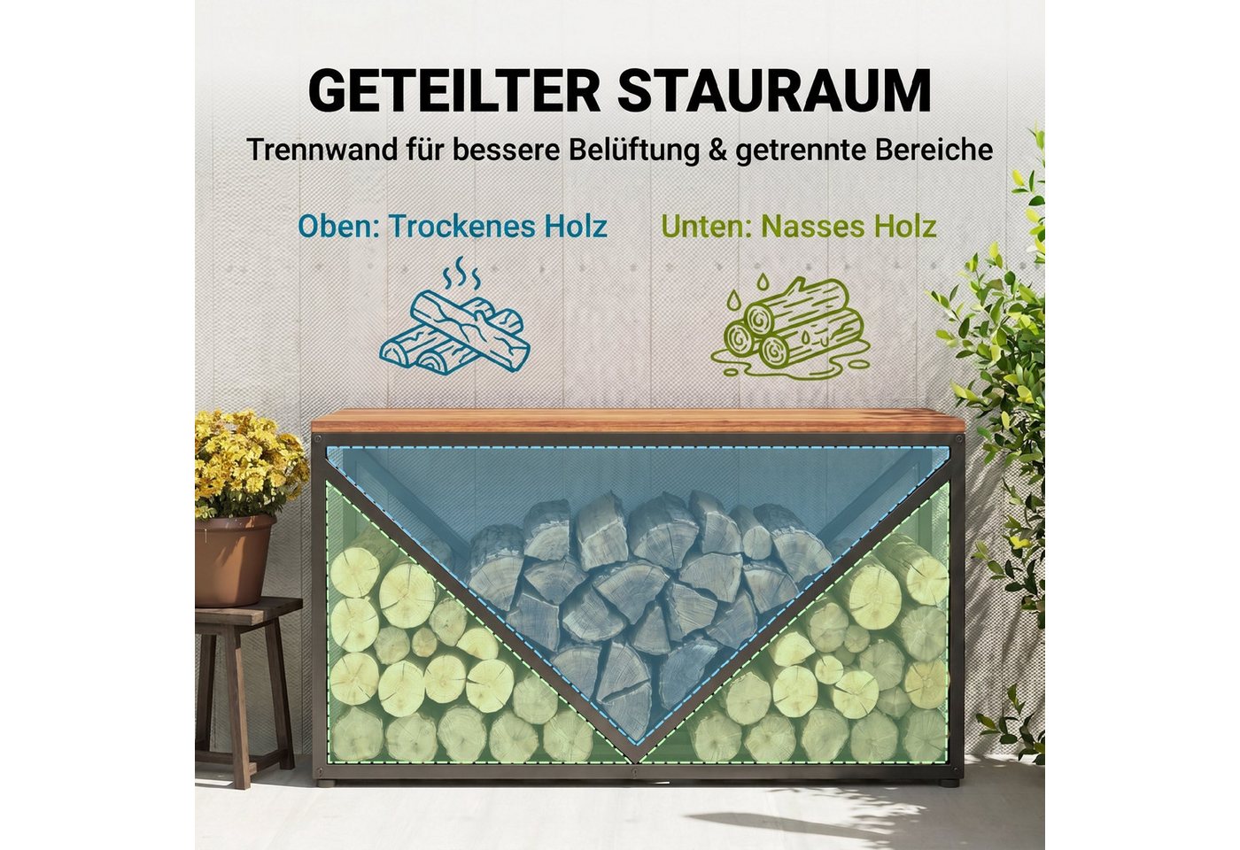 Outsunny Kaminholzregal Kaminholzständer mit Trennwand, BxTxH:98x28x50 cm, (Set, 1-St., Brennholzregal), 2-in-1 Holzregal & Beistelltisch, 50 kg Bild 5