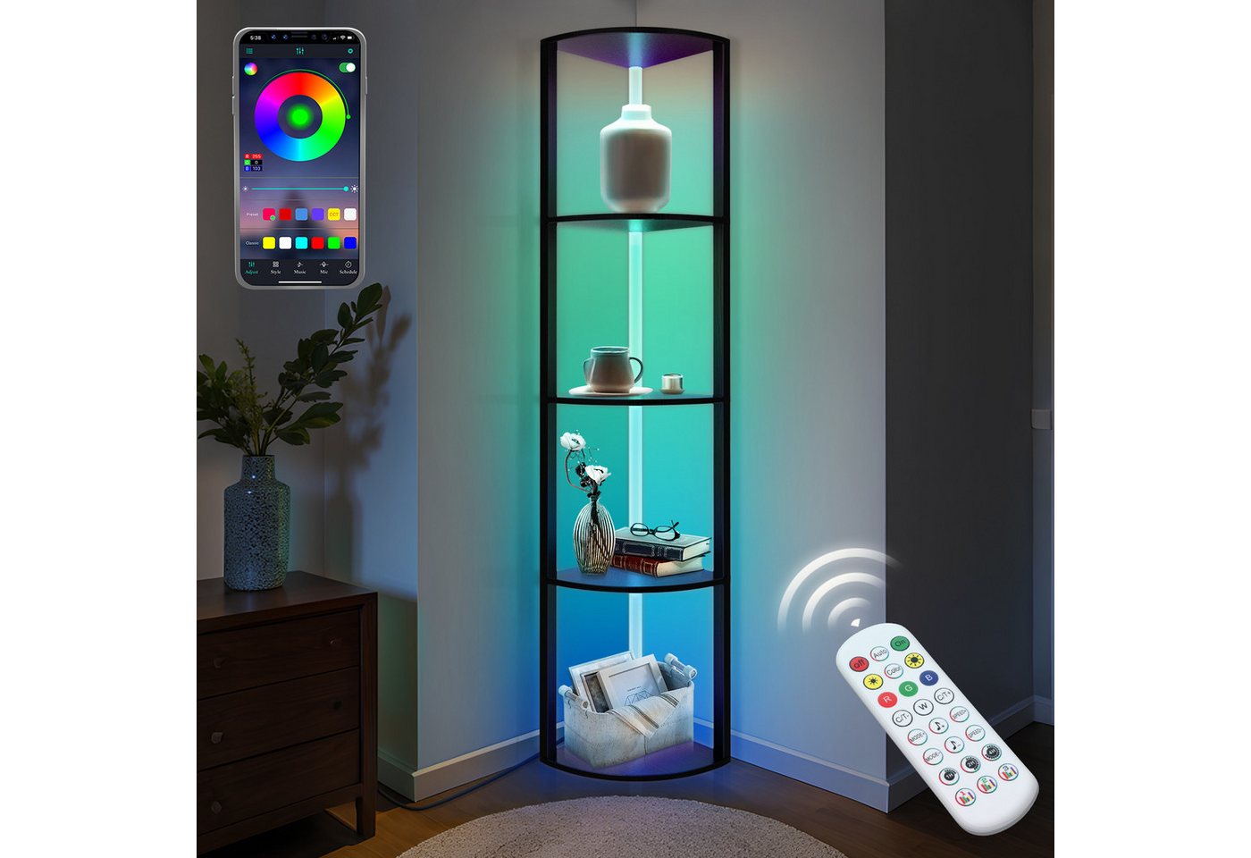 XERSEK Stehlampe Dimmbar LED Stehleuchte Bücherregal Regal aus Holz Fernbedienung, 5 Ebenen Eckregal, 162*30cm, RGB, Warm- / Weißes Bild 5