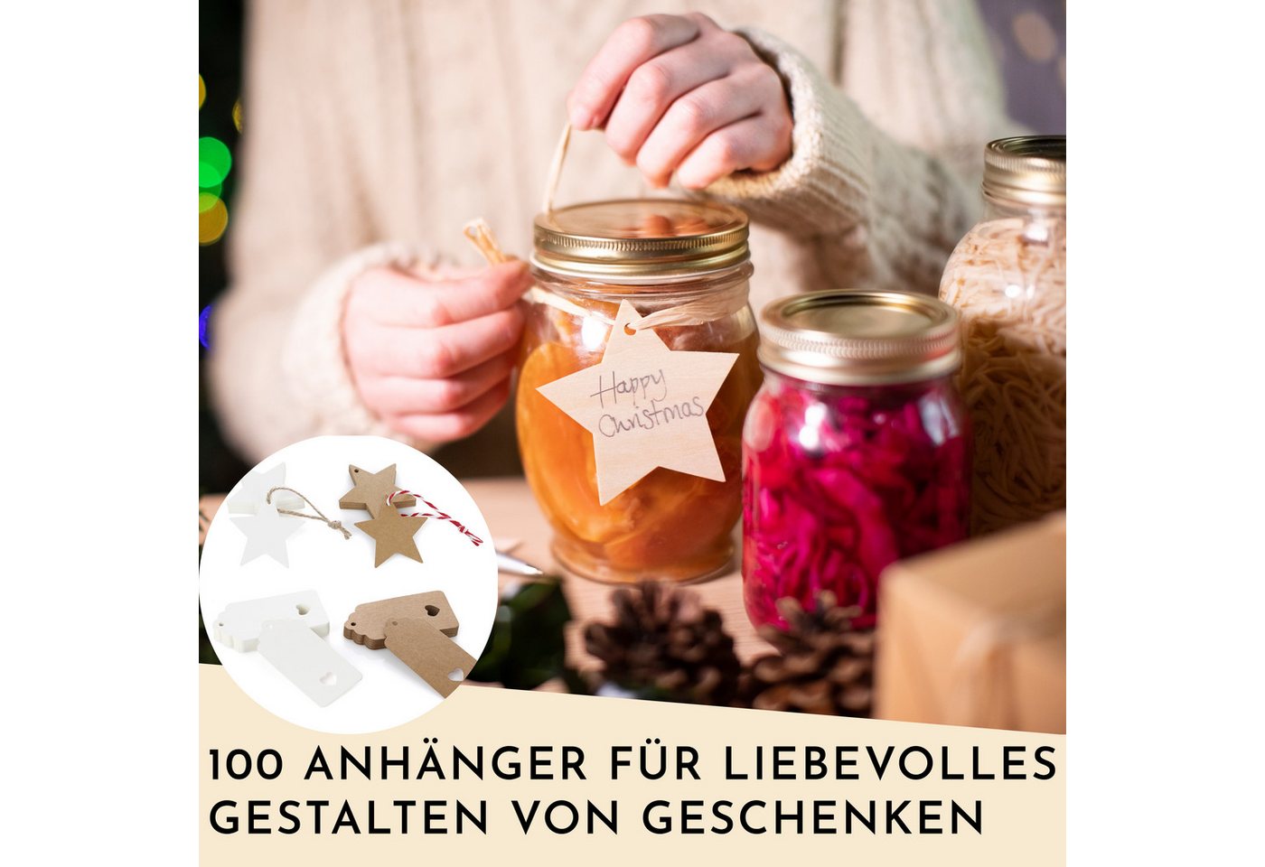 Nordstern Etikett 100 Geschenkanhänger Weihnachten mit Aufkleber und Schnur, Kraftpapier Anhänger zum Beschriften für Weihnachtstüten und Geschenke Bild 5