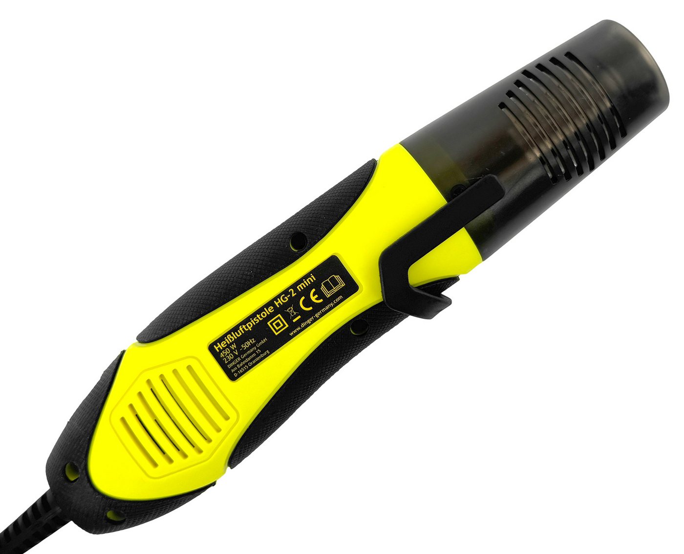 WELDINGER Heißluftgebläse Heißluftpistole HG-2 mini 450 W mit 2 Stufen 250°C / 450°C 2 m Kabel, bis max. 450 °C, (Set), klappbarer Ablageständer, ergonomischem Zweikomponentenhandgriff