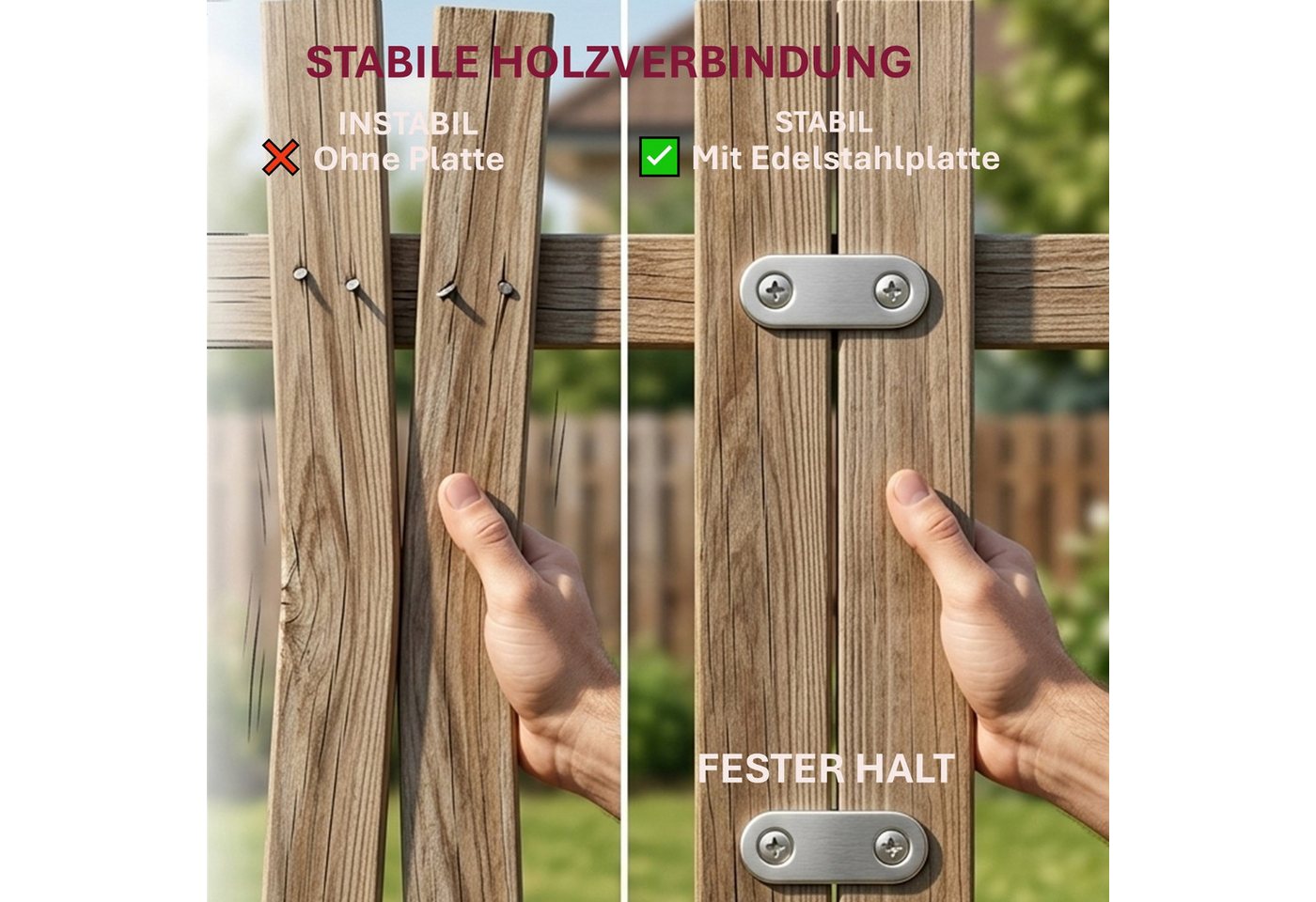 HOOZ Flachverbinder Holzverbinder Set aus Edelstahl Holzbau, Möbelbau 50 mm - 10 Stück, LxB: 50x15 mm, (Metallverbinder für Holz, 10-St., 2-Loch-Verbindungsblech), Stabile flache Verbindungsplatte rechteckig aus Edelstahl