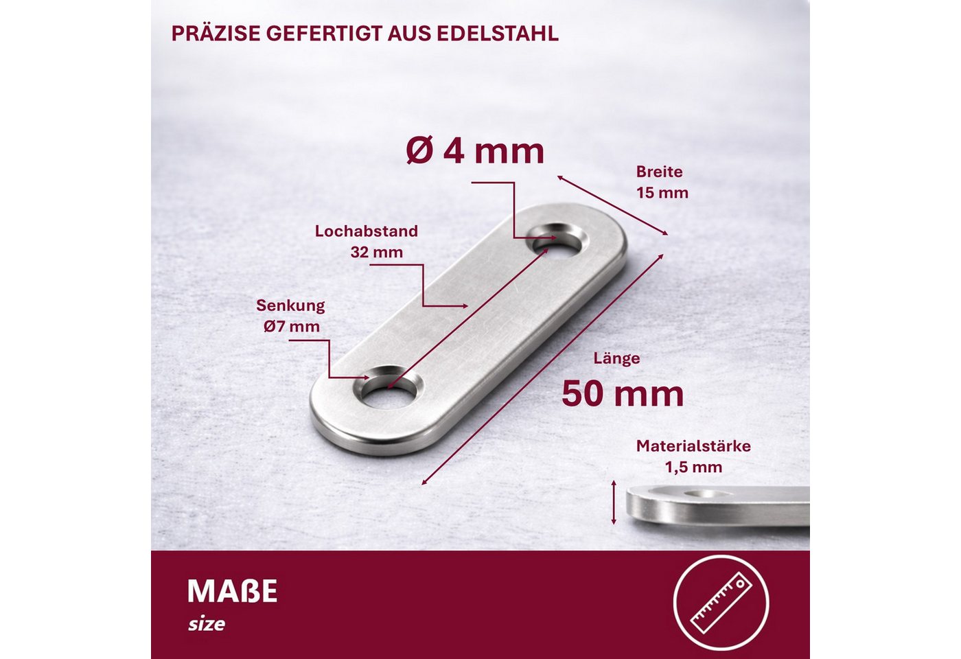 HOOZ Flachverbinder Holzverbinder Set aus Edelstahl Holzbau, Möbelbau 50 mm - 10 Stück, LxB: 50x15 mm, (Metallverbinder für Holz, 10-St., 2-Loch-Verbindungsblech), Stabile flache Verbindungsplatte rechteckig aus Edelstahl Bild 2