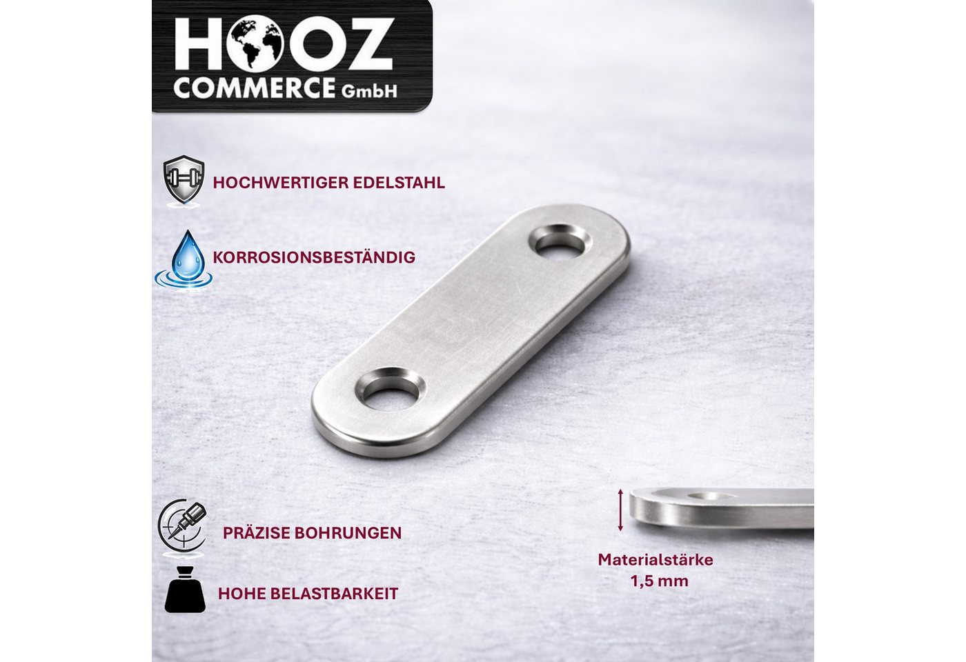 HOOZ Flachverbinder Holzverbinder Set aus Edelstahl Holzbau, Möbelbau 50 mm - 10 Stück, LxB: 50x15 mm, (Metallverbinder für Holz, 10-St., 2-Loch-Verbindungsblech), Stabile flache Verbindungsplatte rechteckig aus Edelstahl Bild 5