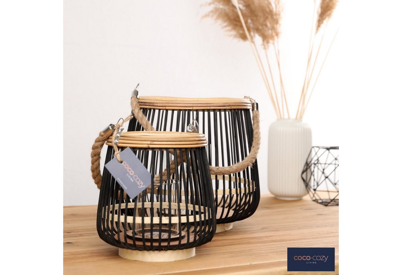 Candini Bodenwindlicht Windlicht "Ibiza", Ø 30cm, Bambus, Designobjekt, Henkel aus Jute Bild 2