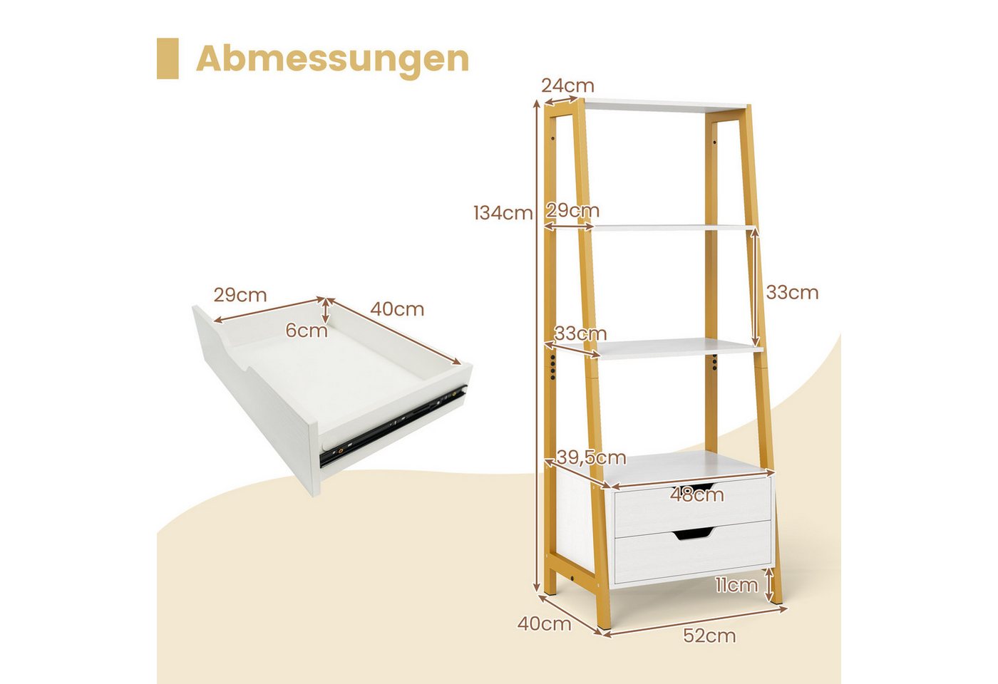 KOMFOTTEU Bücherregal, Leiterregal Standregal mit 2 Schubladen & 4 offenen Ablagen Bild 3