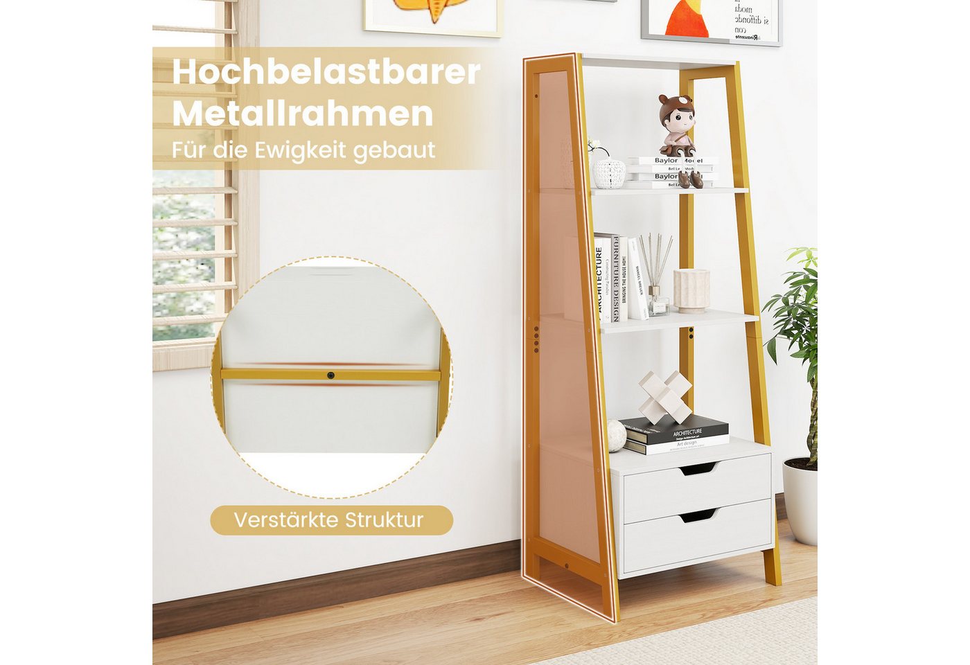 KOMFOTTEU Bücherregal, Leiterregal Standregal mit 2 Schubladen & 4 offenen Ablagen Bild 4