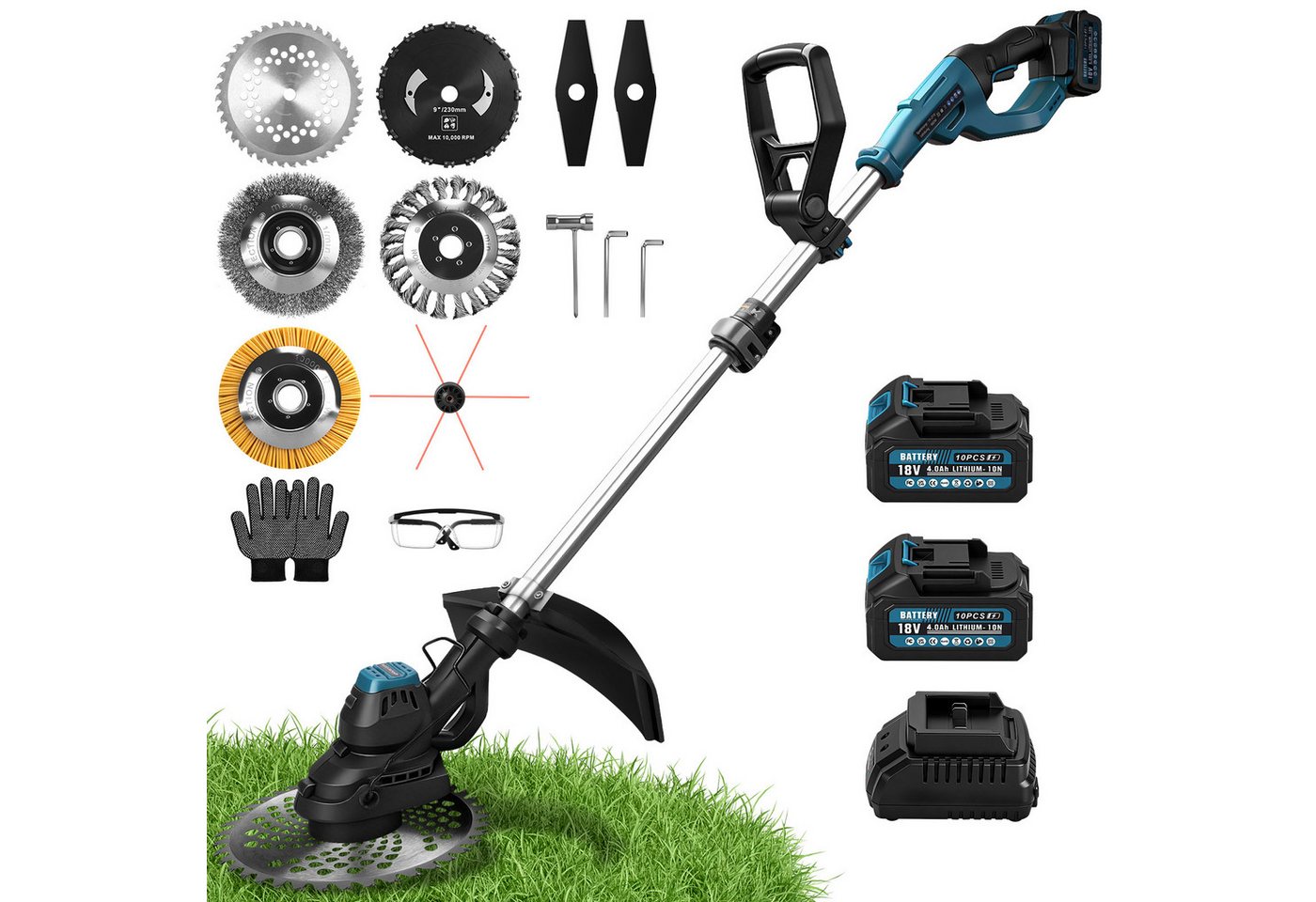 XERSEK Akku-Rasentrimmer Elektro-Grastrimmer mit 2*4,0Ah Akkus, 14800U/min 980W Motorsense, 30 cm Arbeitsbreite Messer, Bürstenloser Motor, Freischneider Rasenmäher Trimmer Für Garten Rasen