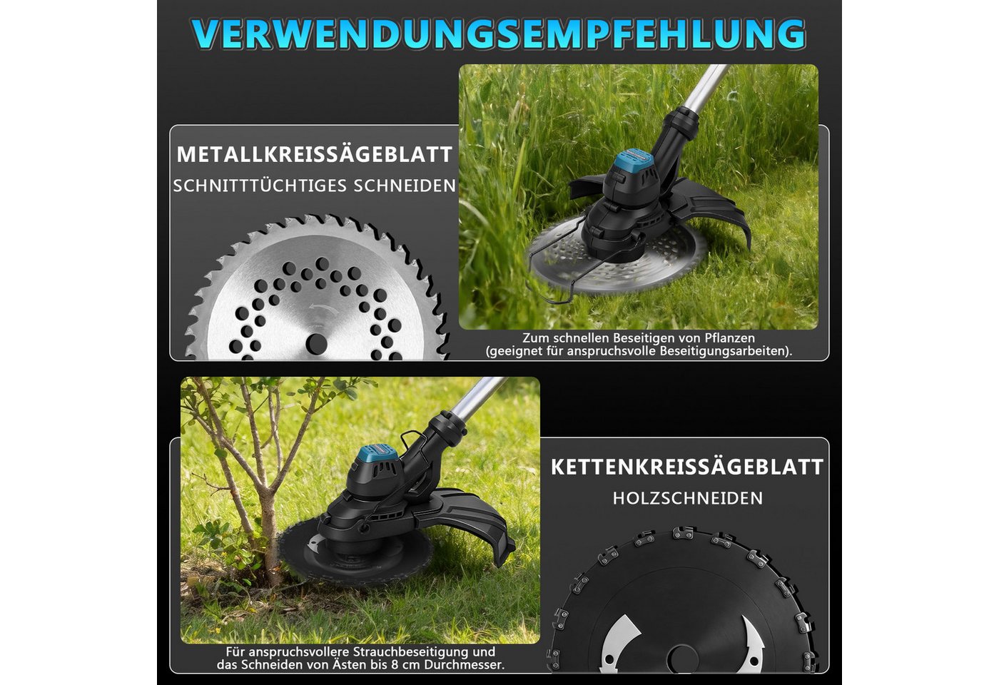 XERSEK Akku-Rasentrimmer Elektro-Grastrimmer mit 2*4,0Ah Akkus, 14800U/min 980W Motorsense, 30 cm Arbeitsbreite Messer, Bürstenloser Motor, Freischneider Rasenmäher Trimmer Für Garten Rasen Bild 2