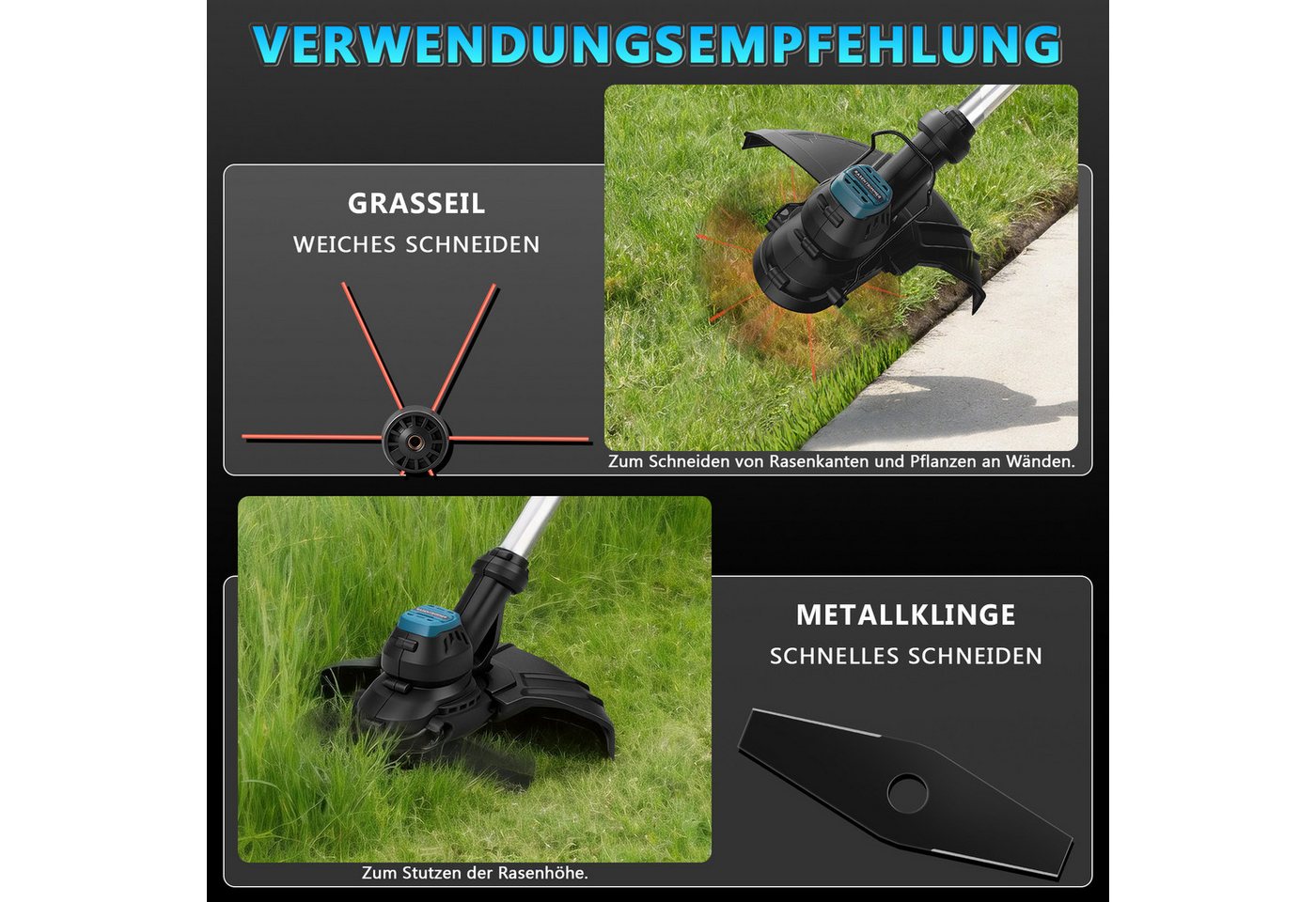 XERSEK Akku-Rasentrimmer Elektro-Grastrimmer mit 2*4,0Ah Akkus, 14800U/min 980W Motorsense, 30 cm Arbeitsbreite Messer, Bürstenloser Motor, Freischneider Rasenmäher Trimmer Für Garten Rasen Bild 4