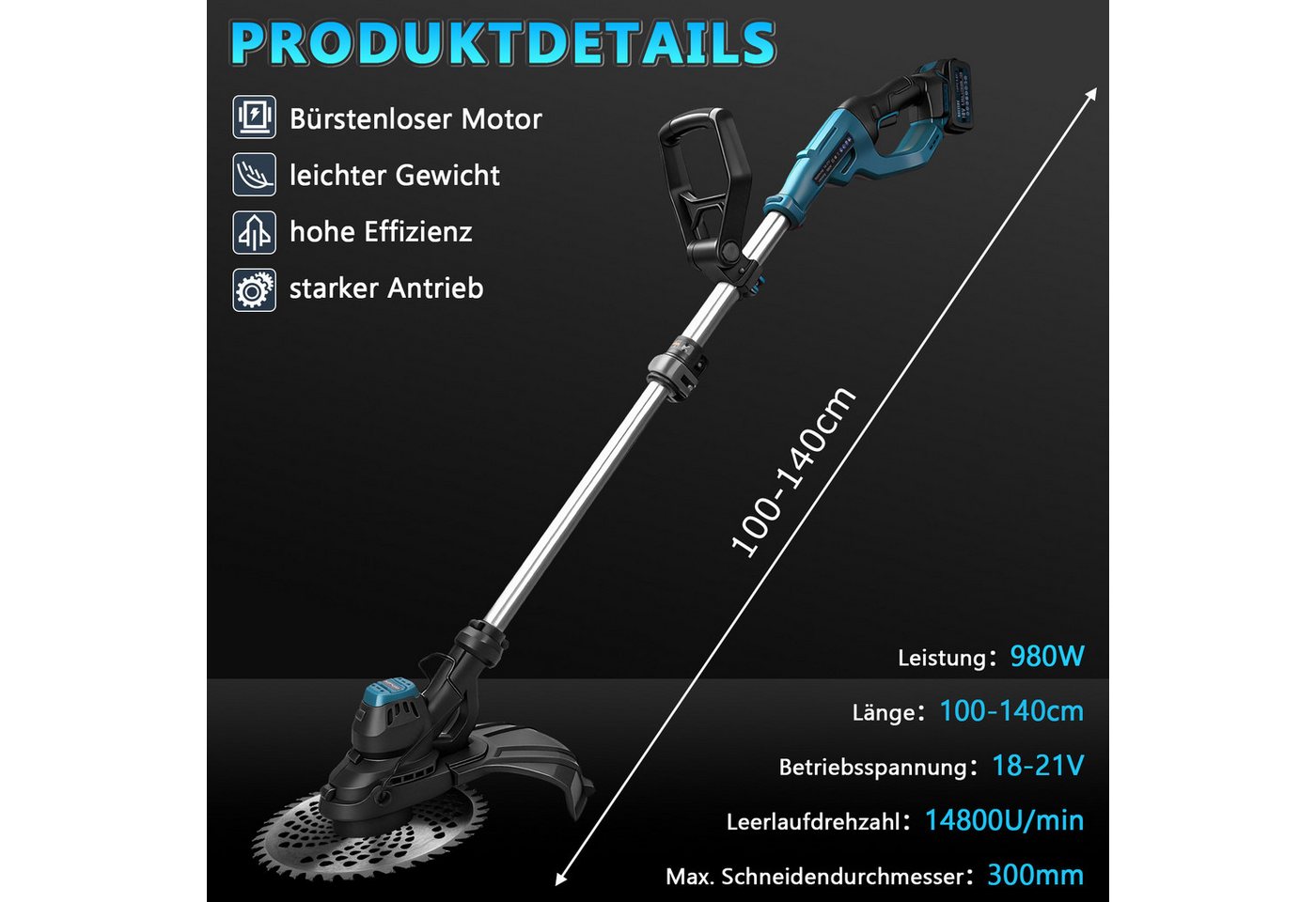 XERSEK Akku-Rasentrimmer Elektro-Grastrimmer mit 2*4,0Ah Akkus, 14800U/min 980W Motorsense, 30 cm Arbeitsbreite Messer, Bürstenloser Motor, Freischneider Rasenmäher Trimmer Für Garten Rasen Bild 5