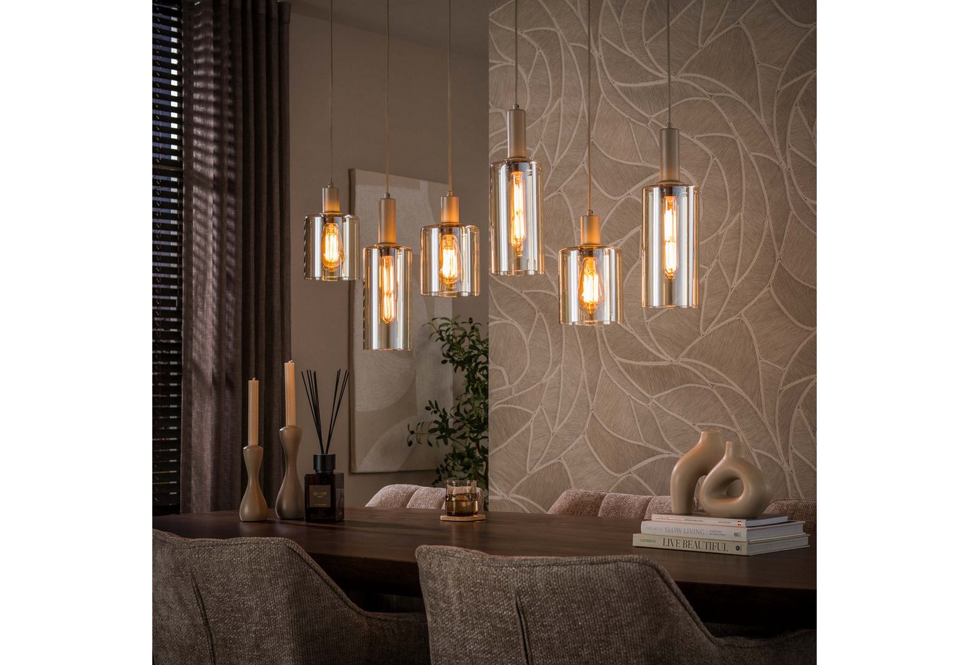 leven! Annekathrin Storkebaum LED Pendelleuchte LUMERO 6-flammig Glas beige 118 cm Esstischlampe, 2 Glasgrößen, einzeln höhenverstellbar, warme Glasoptik
