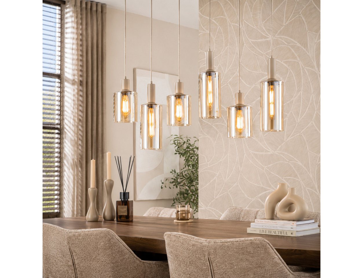 leven! Annekathrin Storkebaum LED Pendelleuchte LUMERO 6-flammig Glas beige 118 cm Esstischlampe, 2 Glasgrößen, einzeln höhenverstellbar, warme Glasoptik Bild 3