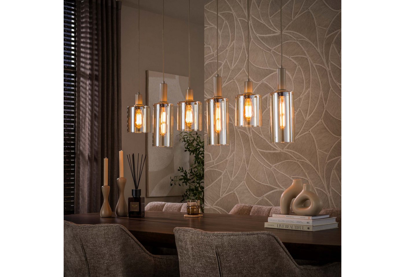 leven! Annekathrin Storkebaum LED Pendelleuchte LUMERO 6-flammig Glas beige 118 cm Esstischlampe, 2 Glasgrößen, einzeln höhenverstellbar, warme Glasoptik Bild 4