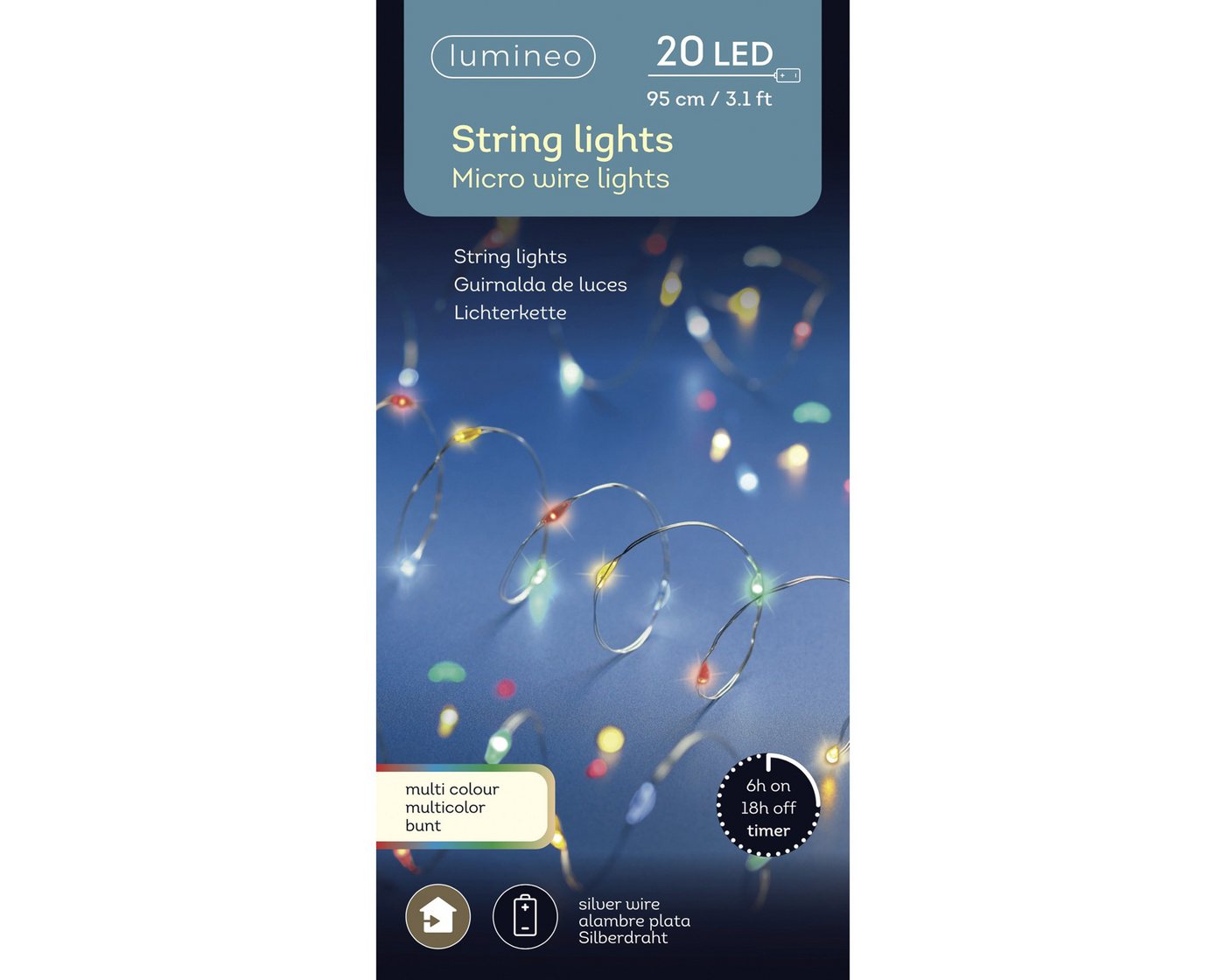 Lumineo LED-Lichterkette, LED Draht Lichterkette 95cm Batterie 20 Micro-LEDs Silber / Bunt