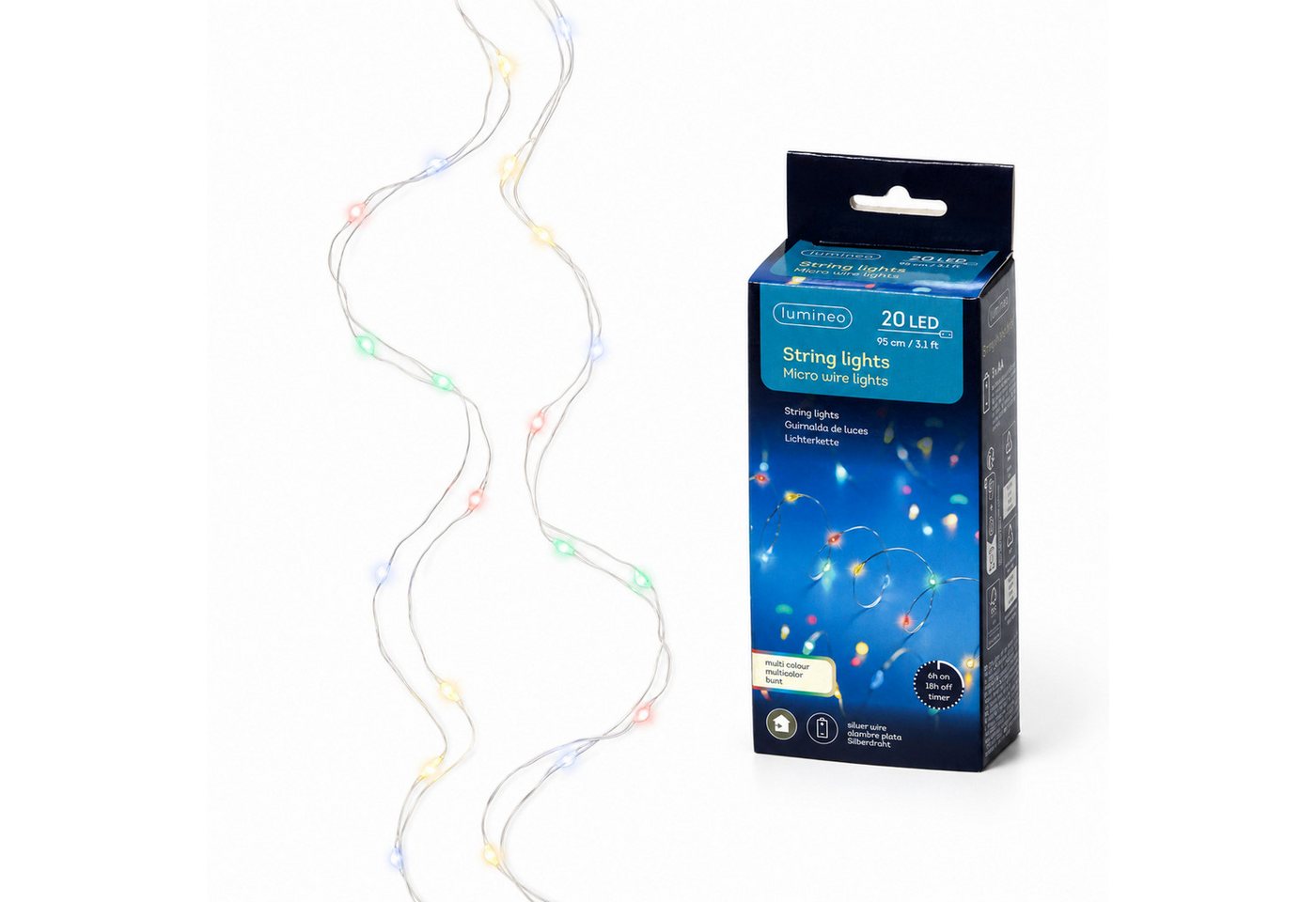 Lumineo LED-Lichterkette, LED Draht Lichterkette 95cm Batterie 20 Micro-LEDs Silber / Bunt Bild 2