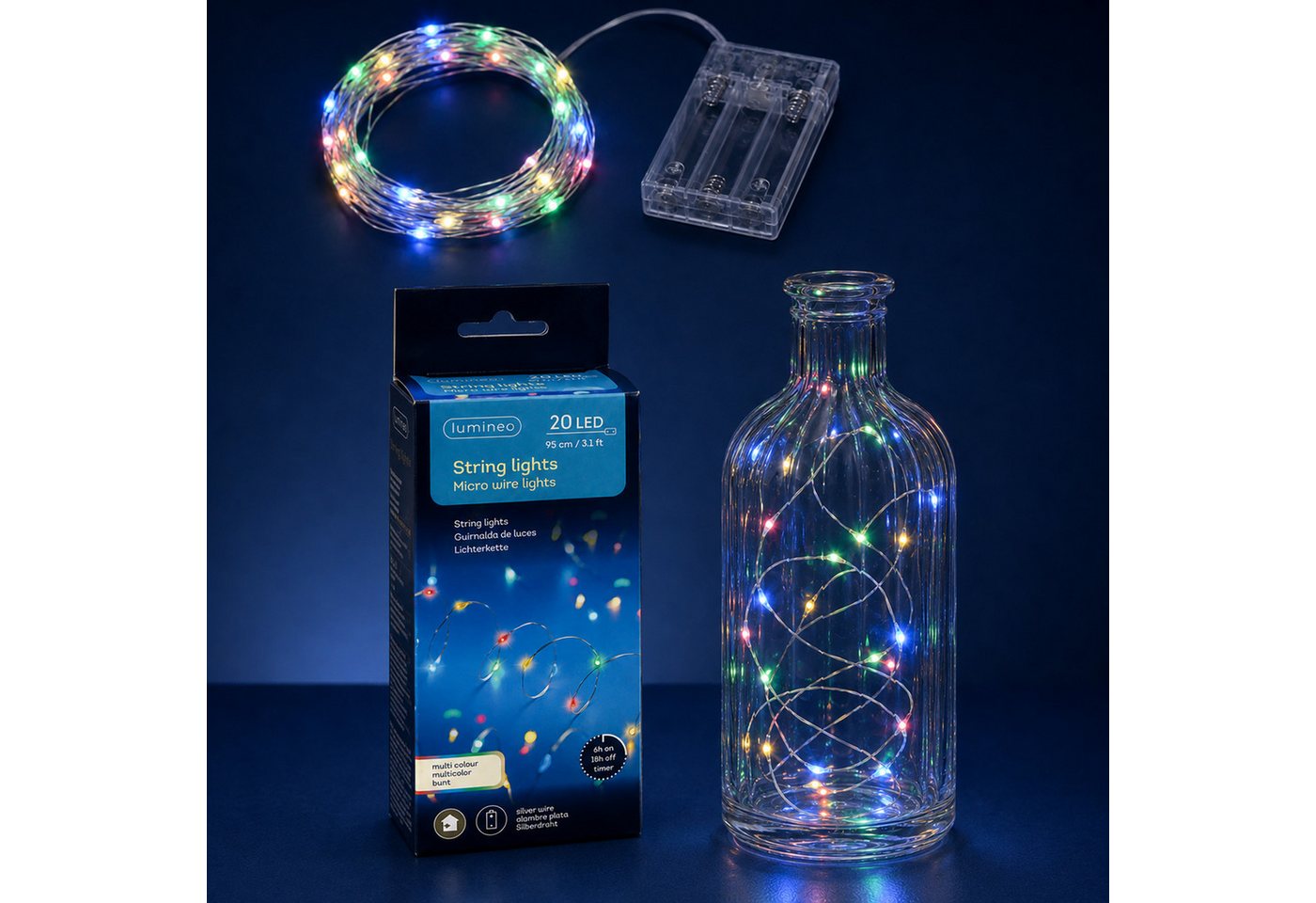 Lumineo LED-Lichterkette, LED Draht Lichterkette 95cm Batterie 20 Micro-LEDs Silber / Bunt Bild 3