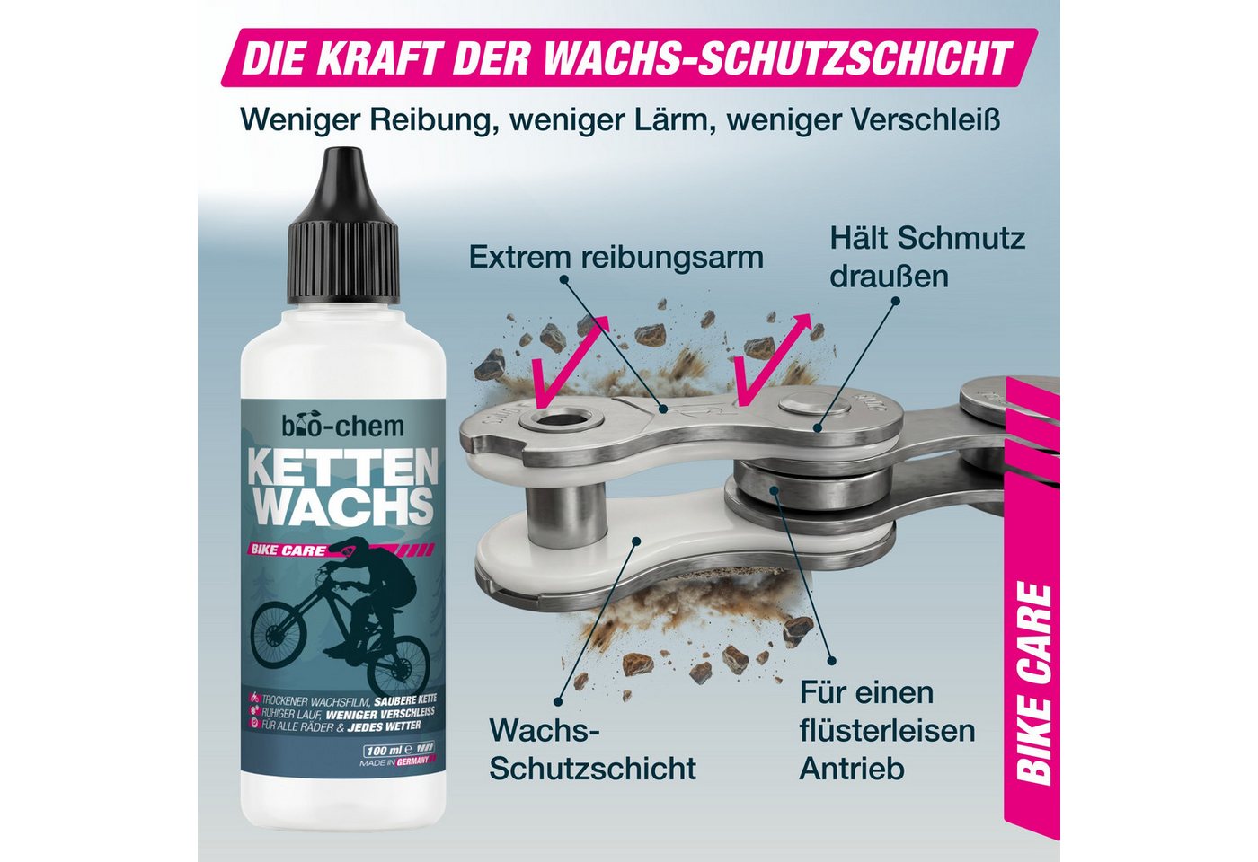 bio-chem Kettenöl Kettenwachs Fahrrad 100ml Saubere Schmierung Leiser Lauf, 100 ml, (Einzelprodukt, Kettenwachs 100 ml), Trockener Wachsfilm, saubere Alternative zu Kettenöl, PTFE-frei Bild 3