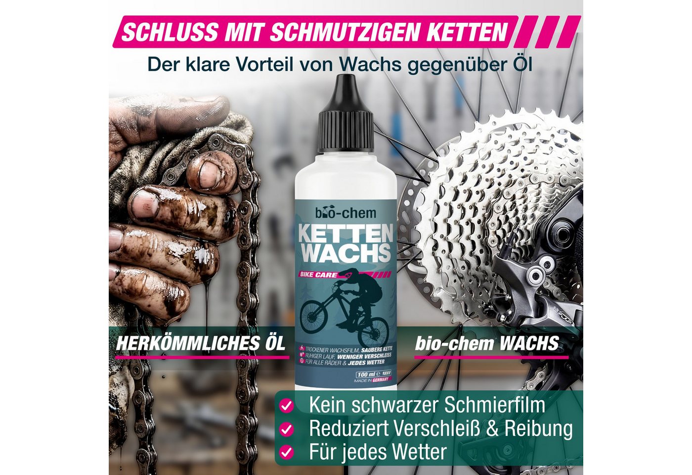bio-chem Kettenöl Kettenwachs Fahrrad 100ml Saubere Schmierung Leiser Lauf, 100 ml, (Einzelprodukt, Kettenwachs 100 ml), Trockener Wachsfilm, saubere Alternative zu Kettenöl, PTFE-frei Bild 4