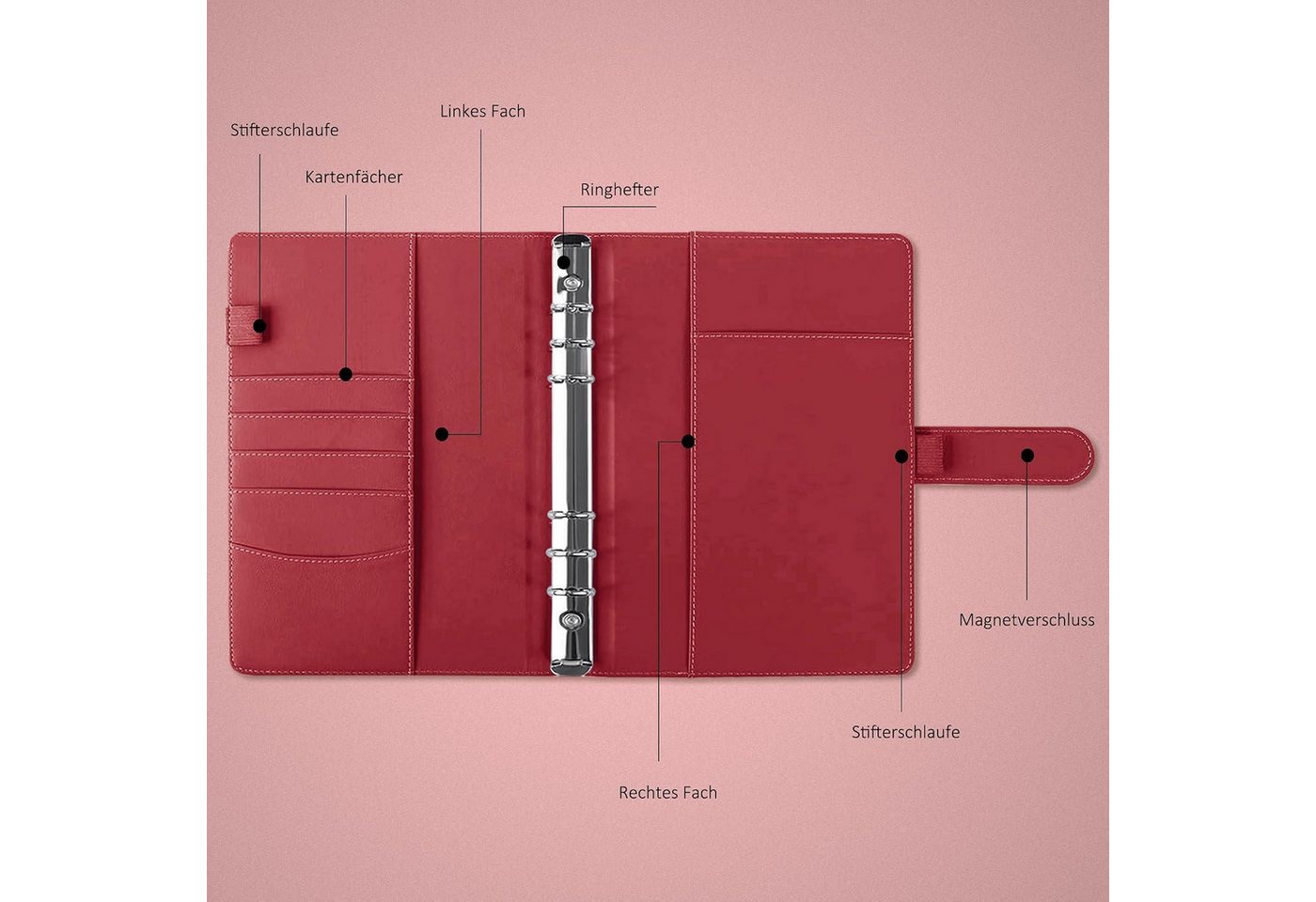 LuxusKollektion Notizbuch A5 Ringbuch Notizbuch Leder rot 135 Blatt Bild 3