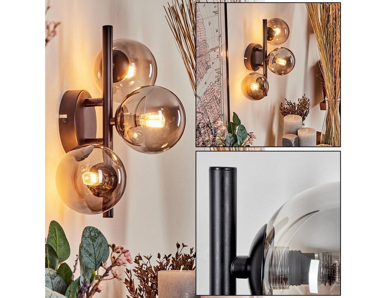 hofstein Wandleuchte Wandlampe aus Metall/Riffelglas in Schwarz/Rauchfarben, ohne Leuchtmittel, mit Glasschirmen (10 cm) u. An/-Auschalter, 3x G9, ohne Leuchtmittel