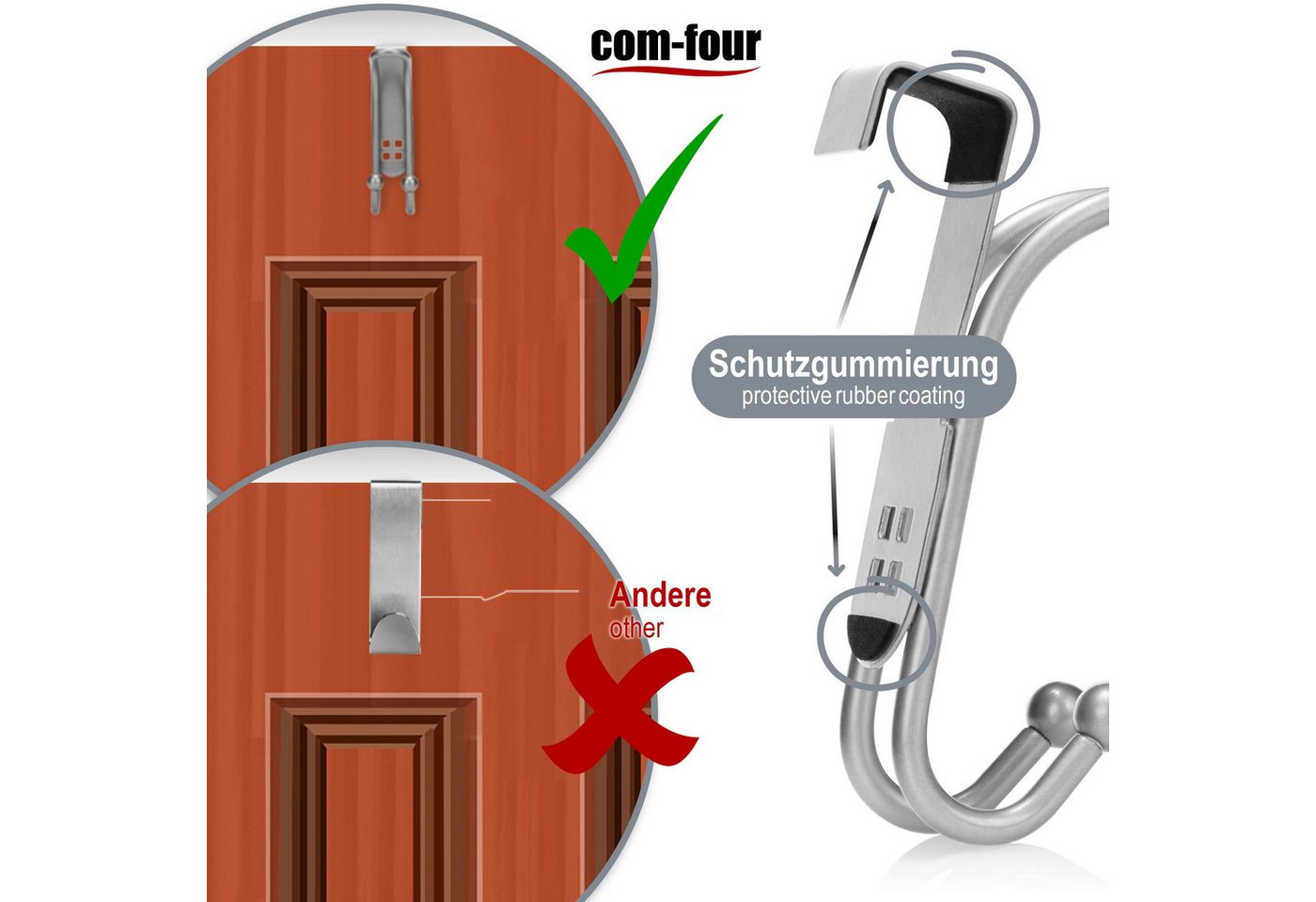 com-four Türhaken Türhaken - Doppel-Kleiderhaken mit Schaumstoff-Schutz für Zimmer, (8-St), Garderobenhaken zum Einhängen ohne Bohren Bild 4