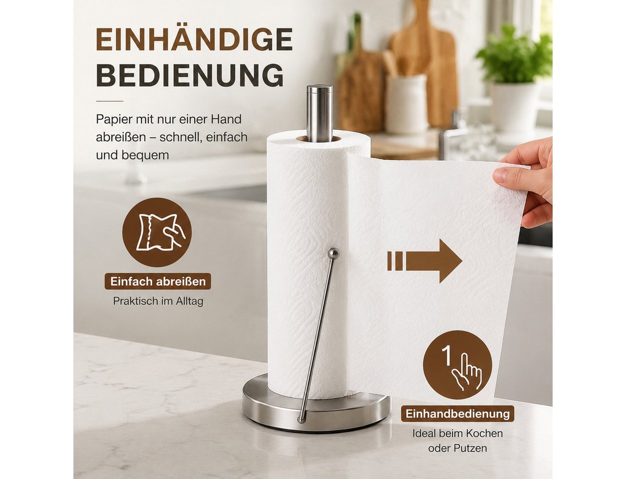 Toomoke Küchenrollenhalter Edelstahl Küchenpapierhalter, Freistehender Küchenpapierhalter, (mit stabilem Standfuß, Einhandbedienung für Küche und Haushalt) Bild 5