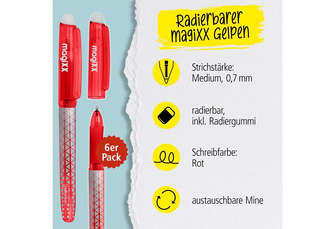 Online Pen Tintenroller magiXX Classic, (6x radierbare Gelschreiber rot, ergonomisches Griffstück), Gelpens für Schüler, Studenten, Büro Bild 5