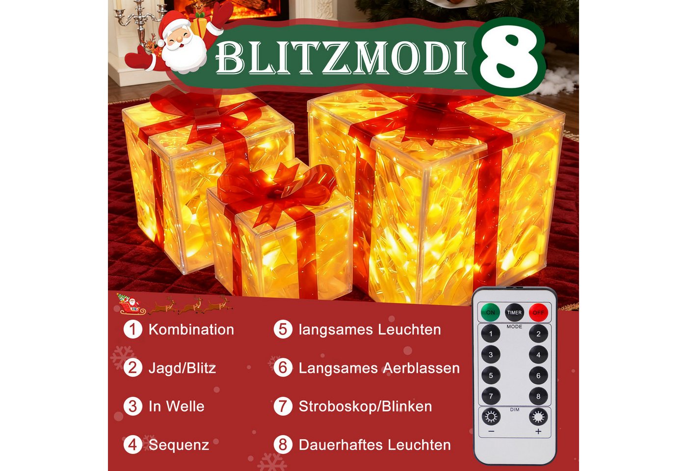 ZMH LED Dekolicht Weihnachtsfigur 3 Set Geschenkbox, Leuchtfiguren für Weihnachtsdeko, Augenschutz, Einfache Installtion, LED fest integriert, 3000K, mit Fernbedienung Innen Weihnachtsbeleuchtung 50 LEDs Batterie