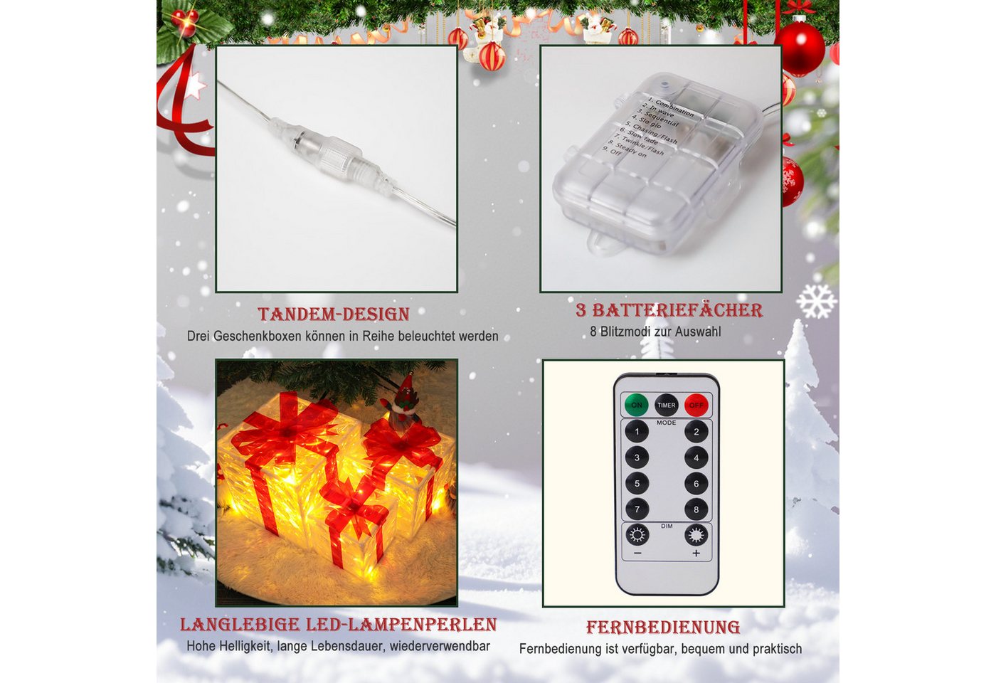 ZMH LED Dekolicht Weihnachtsfigur 3 Set Geschenkbox, Leuchtfiguren für Weihnachtsdeko, Augenschutz, Einfache Installtion, LED fest integriert, 3000K, mit Fernbedienung Innen Weihnachtsbeleuchtung 50 LEDs Batterie Bild 3