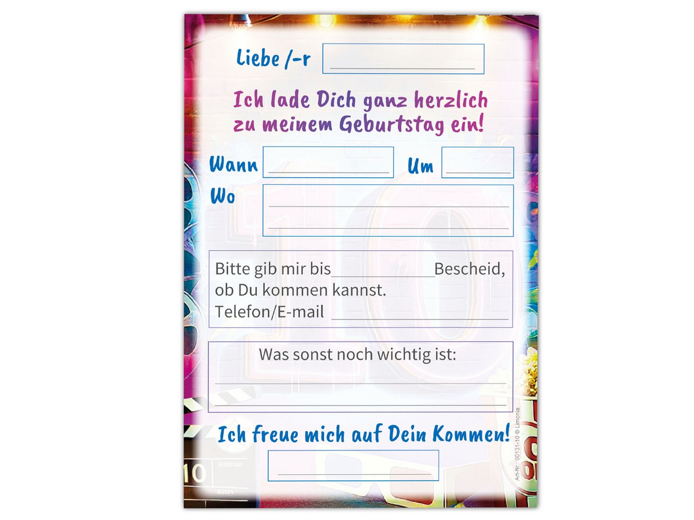 LIMONIA Einladungskarten Kino Party zum 10. Kindergeburtstag Einladungen Cinema Graffiti Karten, Einladungen zum zehnten Geburtstag Kino Theater Bild 2